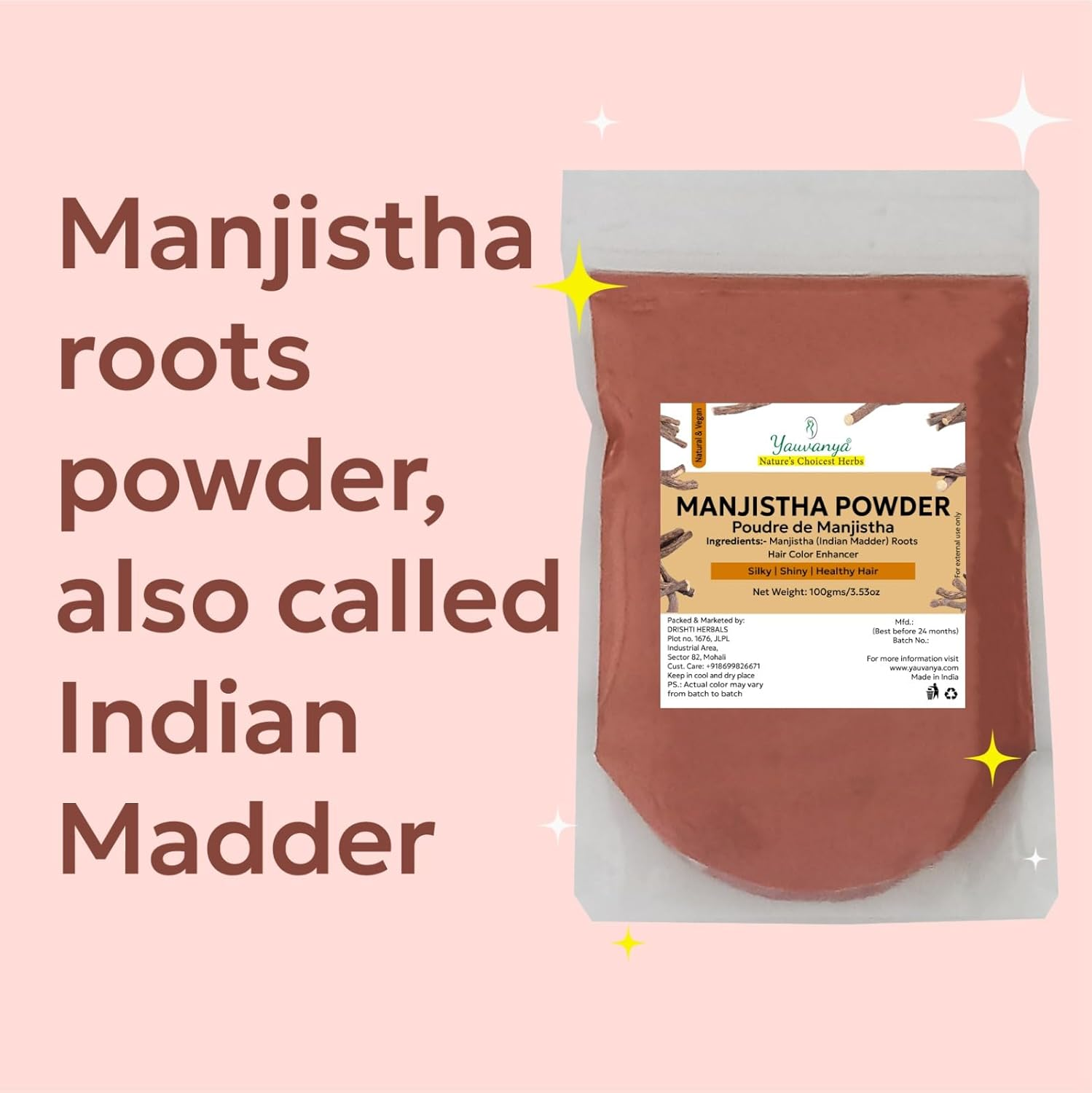 Yauvanya Manjistha Root Powder, 100G, Natural Hair Colourant, Enhances Henna Effect, Indian Madder Root, Vegan image number 1