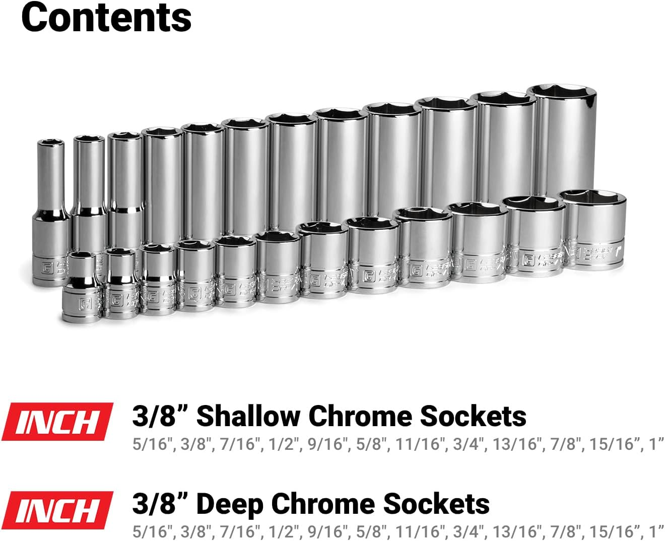 Capri Tools 3/8 In. Drive Shallow and Deep Chrome Socket Set, 6-Point, 5/16 to 1 In, 24-Piece image number 6