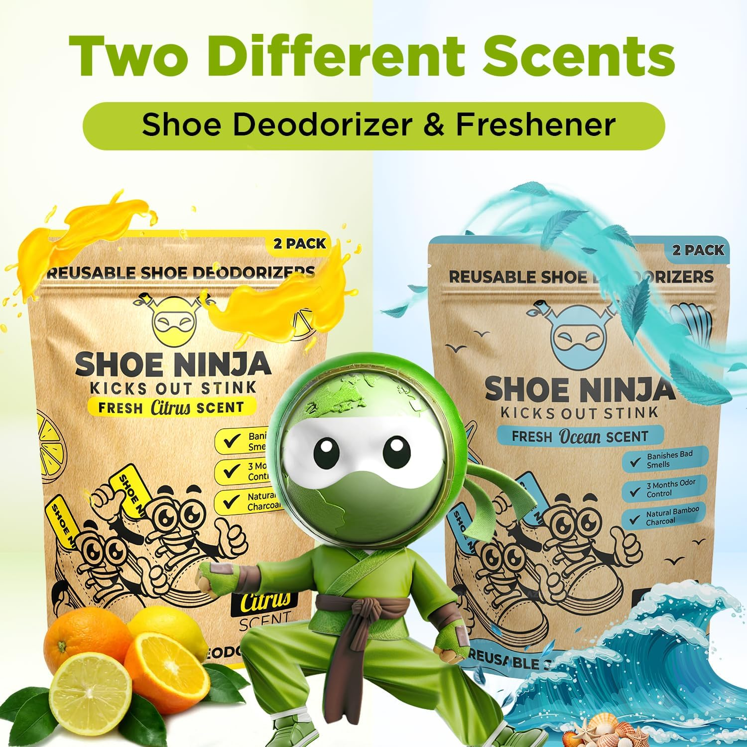 Shoe Ninja Shoe Deodorizer - Shoe Odor Elimination with Activated Charcoal, Versatile and Reusable Shoe Smell Remover, Boxing Glove Deodorizer, and Shoe Freshener, Great for Sports - 1 Pack Count of 2