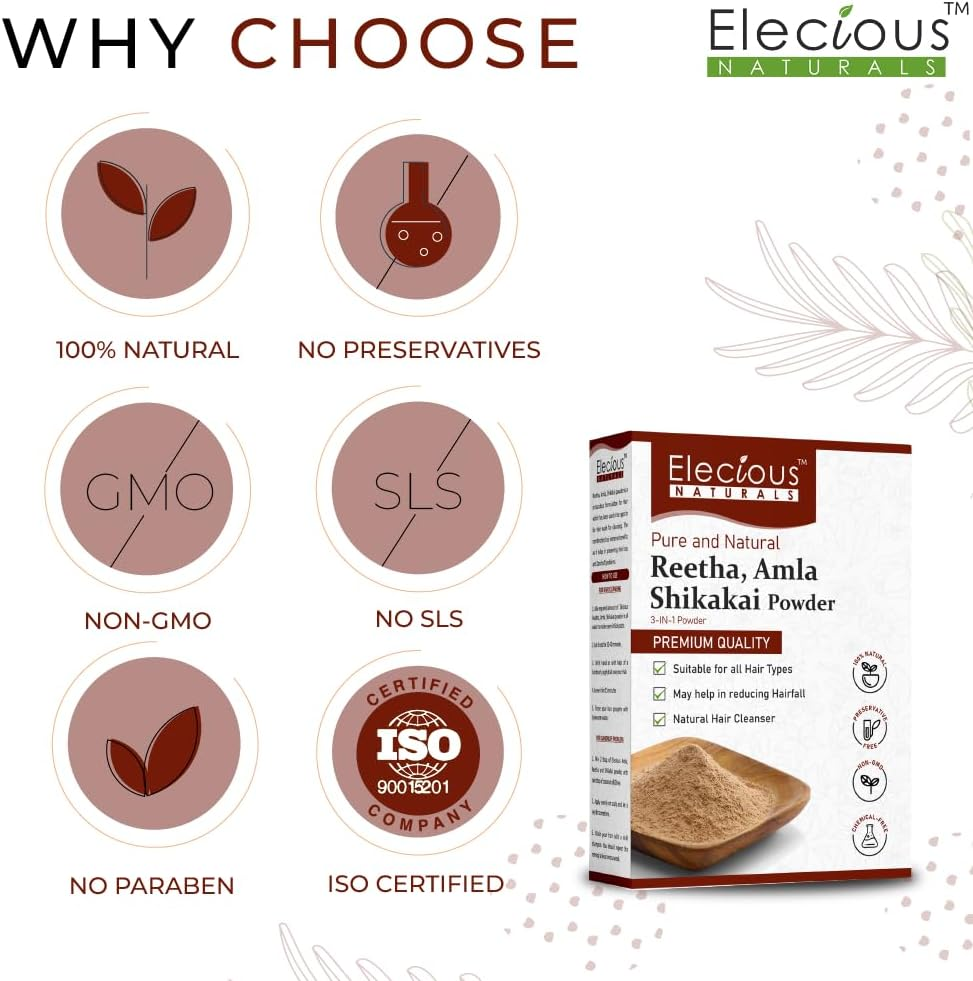 Elecious Naturals Amla, Reetha, Shikakai Powder for Hair | 3-In-1 Natural Hair Cleanser | 100% Natural, No Chemical, No Preservative | SLS, Paraben Free | Ready to Use image number 4