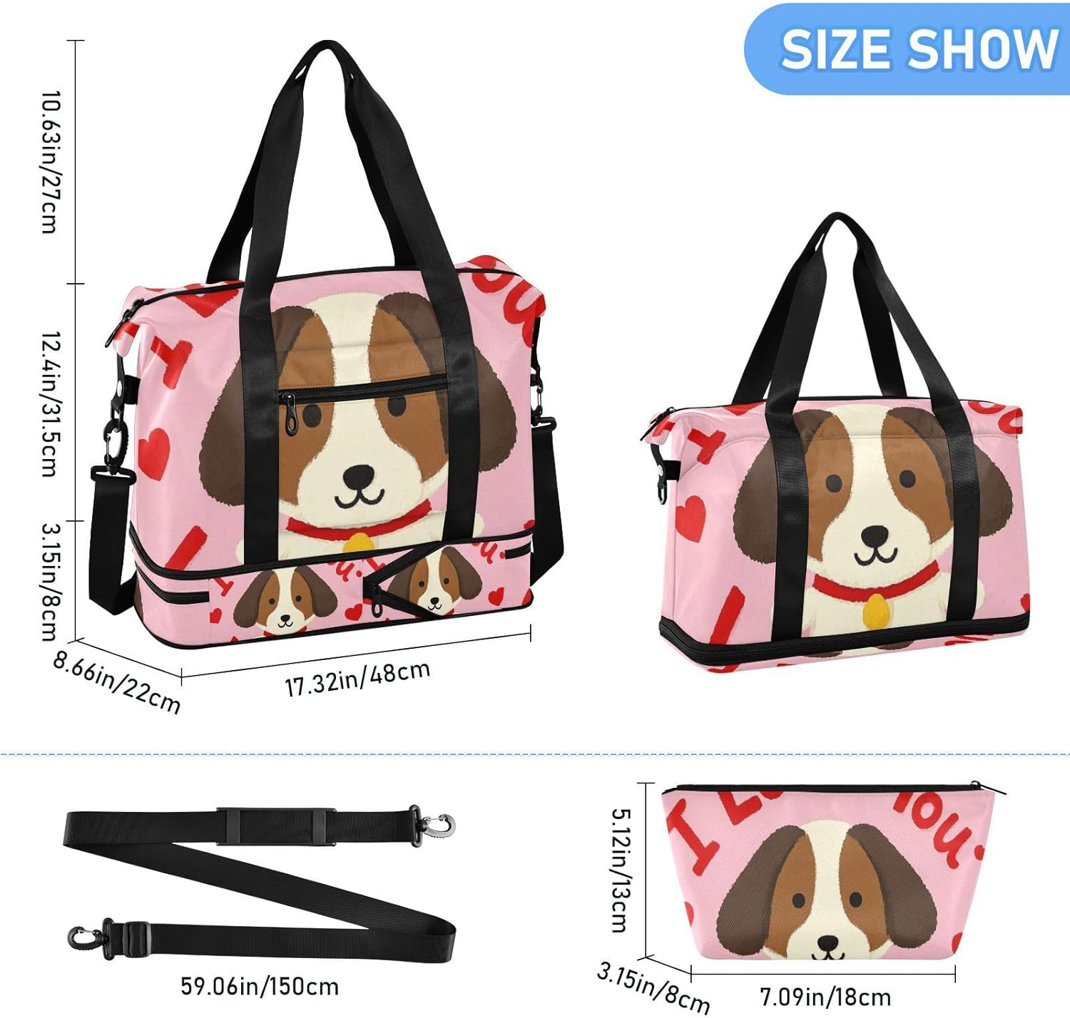 I Love Your Valentine Dog Travel Duffel Bags Travel Weekender Gear Bag with Toiletry Bag for Airplane Traveling Foldable, I Love Your Valentine Dog, 1 Size image number 1