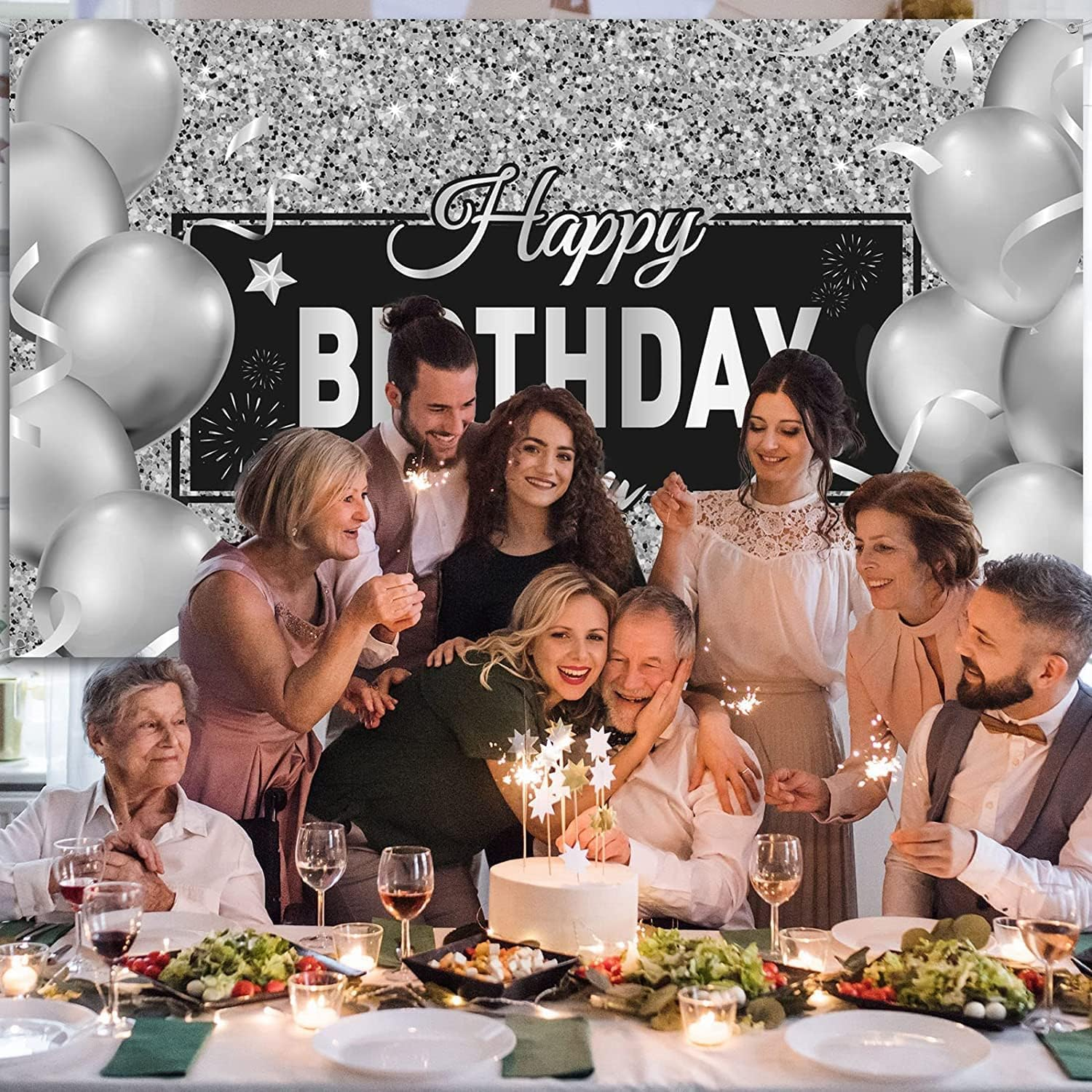 Silver Happy Birthday Banner Backdrop Silver Birthday Party Decorations Black White Balloons Happy Birthday Background Photo Photography Banner for Men Women Birthday Supplies, 72.8 X 43.3 Inch image number 4