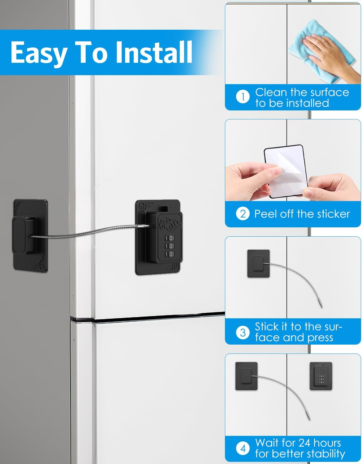 AMIR 2 Pack Password Refrigerator Lock for Children, No Installation Child Safety Cabinet Locks with with Strong Adhesive for Door File Drawer Cabinet Cupboard Windows image number 3