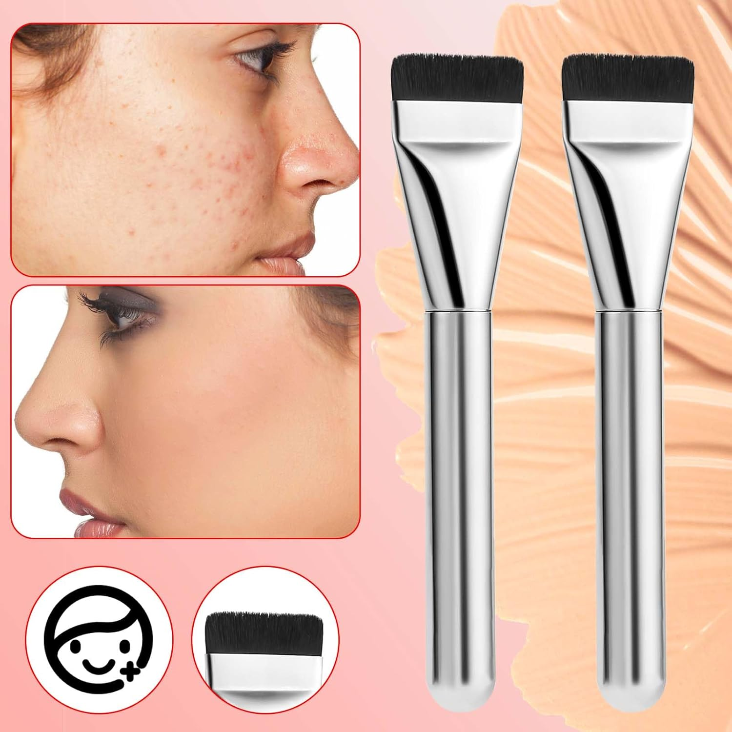 3Pcs Flat Foundation Brush Sets, Small Spatula Thin Makeup Brush with Makeup Puff Perfect for Blending Liquid Cream Foundation Concealer Applicator Cosmetics Makeup Face Brush Tools image number 5