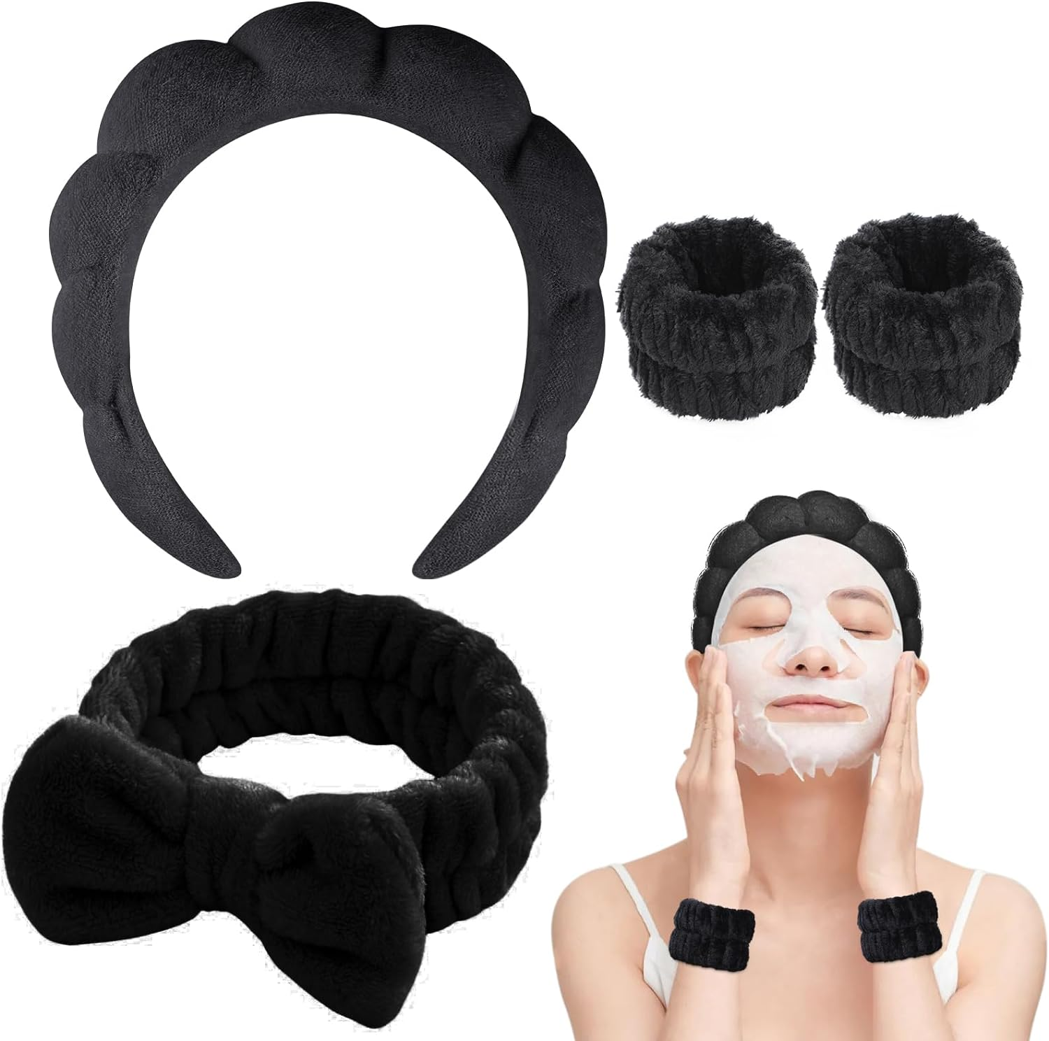 Bighan Spa Makeup Headband Set, Headband Skincare Headband for Woman, Face Wash Wristband and Bowknot Hair Band, Facial Wrist Towel Washbands for Women Girls, Pink