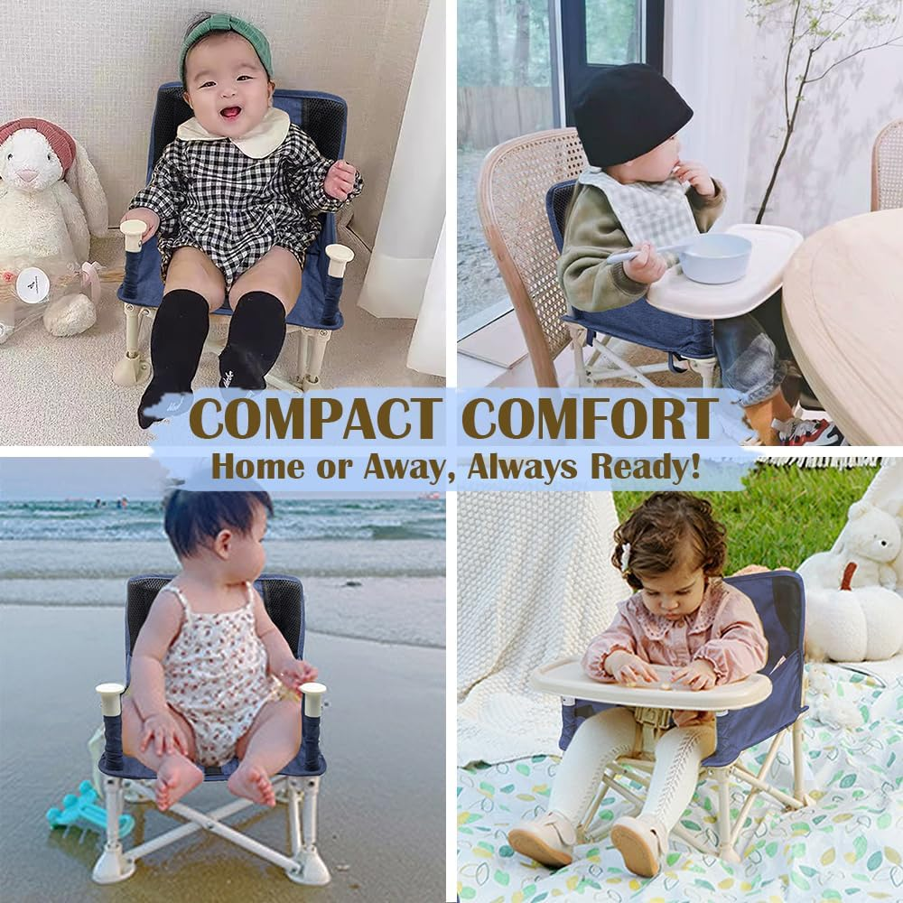 TINY SPARK Travel Booster Seat Portable Baby Chair Foldable Highchairs Booster Seats with Tray for Dining Table Camping Beach (Blue with Reinforced Corners) image number 1