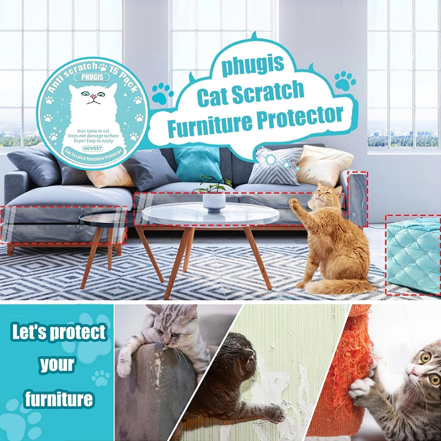 Cat Scratch Furniture Protector - Pack of 15, Adhesive Clear Cat Training Couch Protector - Plastic, Used as a Heavy-Duty Scratch Resistant Cat Protector for Sofas and Doors