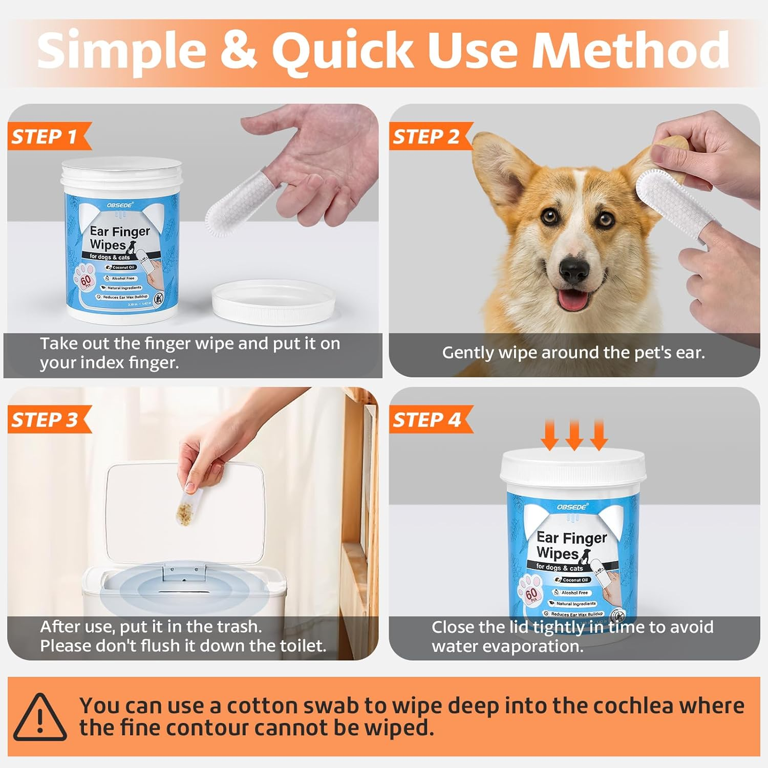 OBSEDE Ear Cleaner Finger Wipes, Grooming Kit Care for Dogs and Cats Regular Soothing Odor Control Reduce Dirt Wax Build up Pet Supplies Easy to Use Fresh Coconut Scent, 60 Count image number 5
