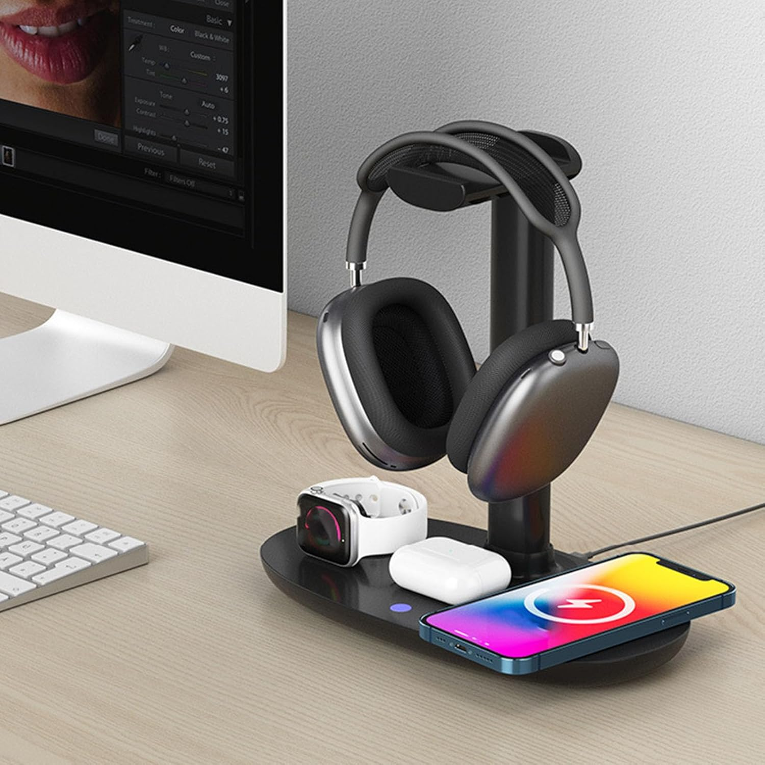 Headphone Charging Stand, 4 in 1 Gaming Headset Holder Hanger for Qi Device, Desktop Wireless Charging Station for Cell Phones Headphone (Black) - White image number 5