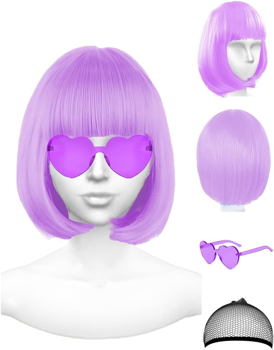 Pink Wig and Party Sunglasses, Bob Wig with Bangs Light Pink Wigs for Women, Cosplay Party Wigs - Bachelorette Decorations Favors (Pink)