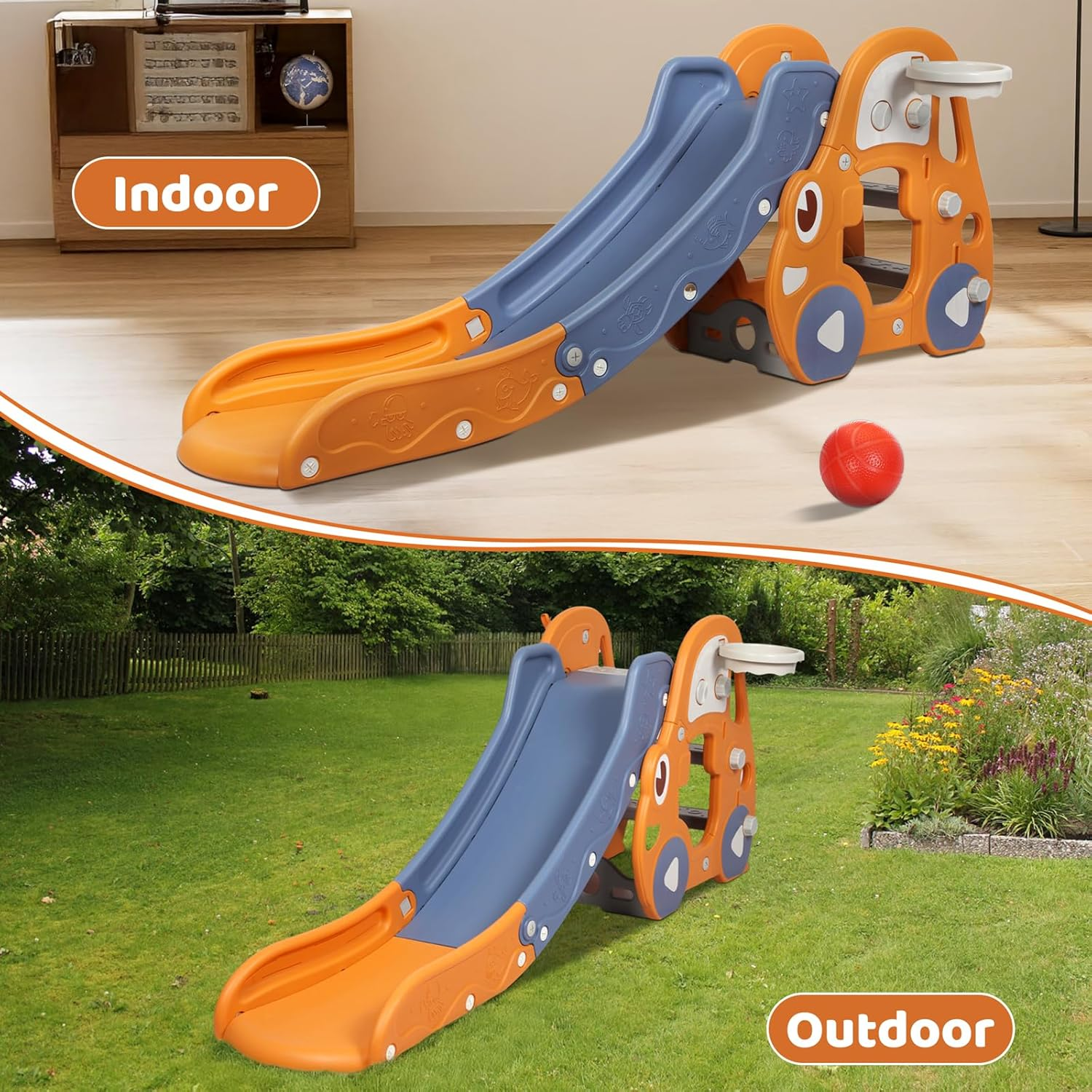 Bopeep 3 in 1 Kid Slide Set, with Climber Steps Basketball Hoop Indoor Outdoor Playground Activity Center Toy Stairs Foldable Playset Equipment,Toddlers for Age 2+ (Orange) image number 6