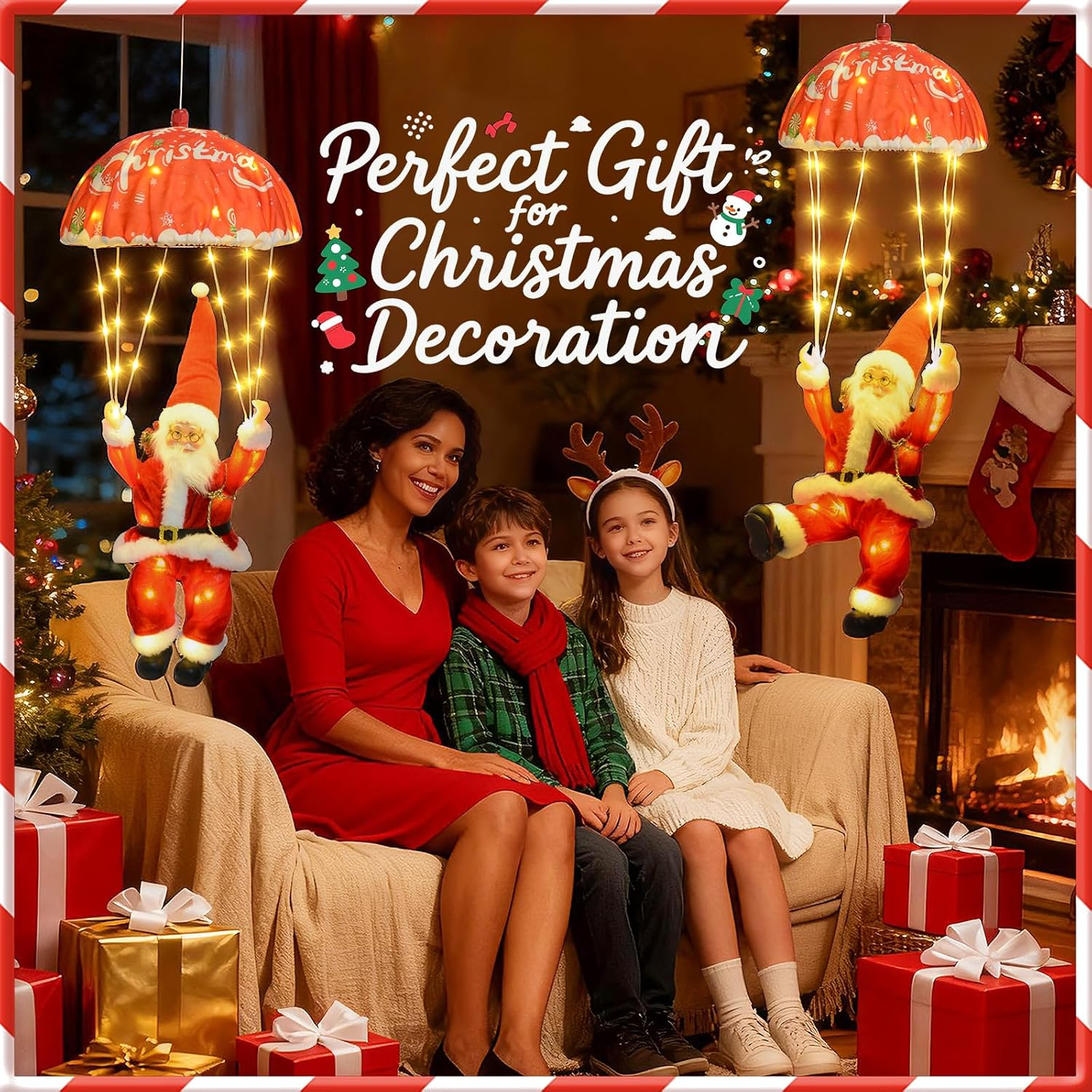 Qoosea Santa Claus Parachute Fairy Lights, 63 Cm, 88 LED Christmas Fairy Lights, USB with Timer, 8 Modes, Christmas Lighting for Christmas Tree, Window, Balcony, Indoor, Outdoor, Christmas Decoration image number 5