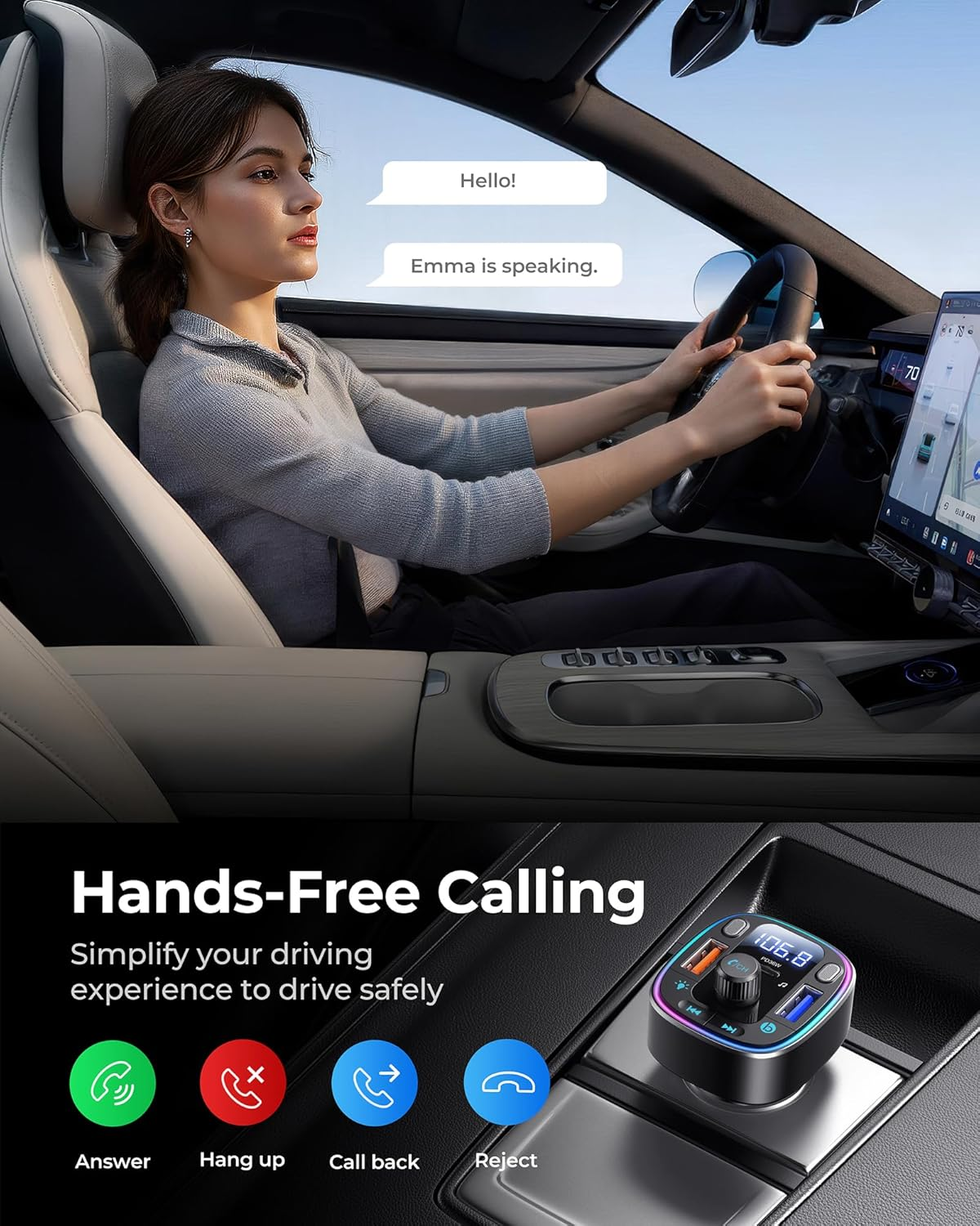 LENCENT Bluetooth 5.4 Car Adapter FM Transmitter 54W Fast Charging (PD 30W & QC18W), Dual Mics, Hifi Bass, 2 Modes LED Backlit, Cigarette Lighter Adapter Hands-Free Calling Radio, Support USB Drive image number 4