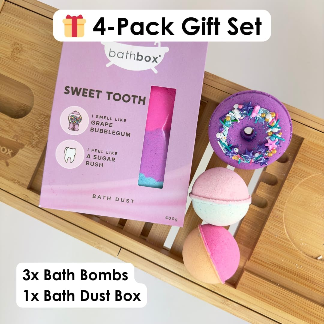 BATH BOX Bubblegum Gift Set, Bubble Bath Bombs, Bath Dust Soak, Natural & Handmade in Australia, Cotton Candy & Bubblegum, Fun Bath Fizz for Kids & Adults, 4 Piece Hamper Gift Box image number 6