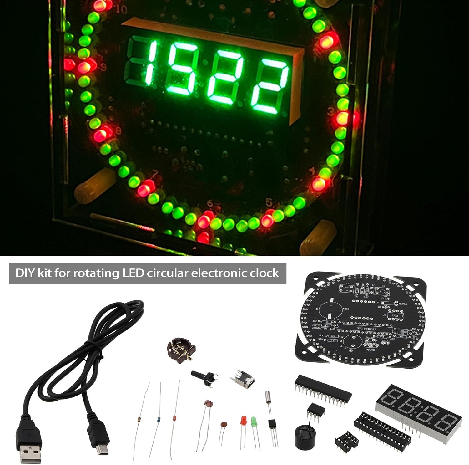 YINETTECH 1 Set DIY Rotating Digital LED Display Module Alarm Electronic Digital Clock Kit 51 SCM Learning Board Soldering Practice DIY Timer Kit for Home School Office, Green image number 3