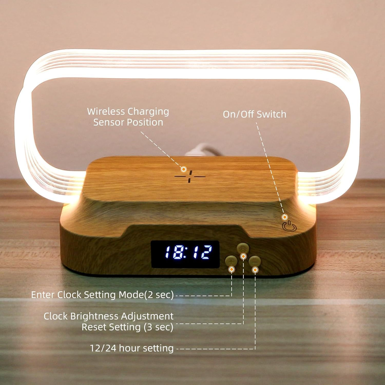 SNSUTY Portable Bedside Table Lamp with 15W Wireless Charger,Touch Control LED Night Light with Clock & USB Port, 3 Color Modes Dimmable Table Lamp Wooden Small Modern Nightstand Lamp Desk Lamp Gift image number 6