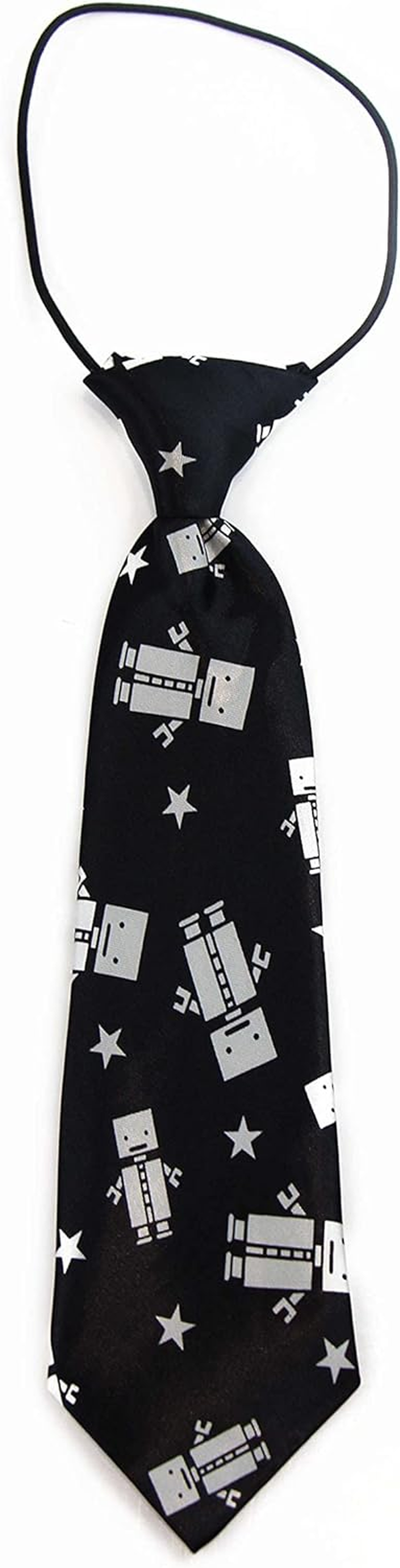 Kids Boys Black & White Patterned Elastic Neck Tie - Robot Black and White