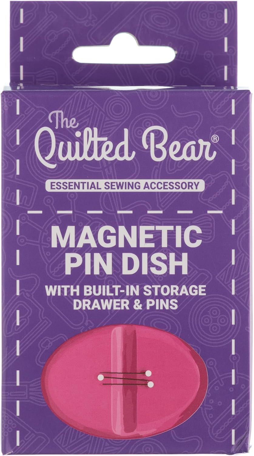 The Quilted Bear Magnetic Pin Cushion - Holder for Sewing with 25 Pearl-Headed Pins & Plastic Drawer Organizer for Bobby Pins & Sewing Supplies (Pink)