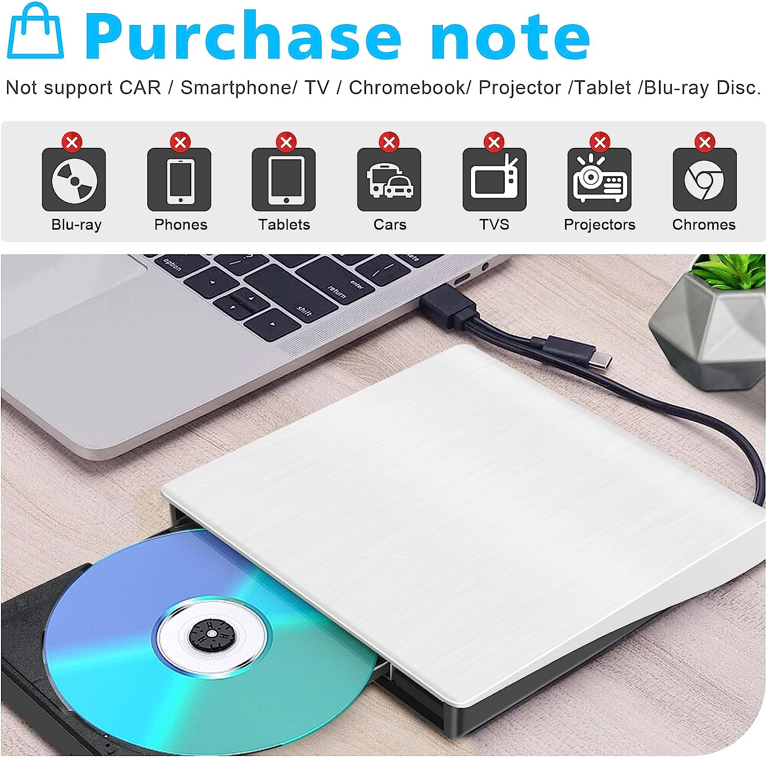 Portable External DVD Drive, USB 3.0 Type-C CD DVD +/-RW Optical Drive USB C Compatible with Windows XP / 2003 / Vista /7/8.1/10，Linux，Mac OS System Rewriter Writer Reader Burn Speed 16 Times(White) image number 5