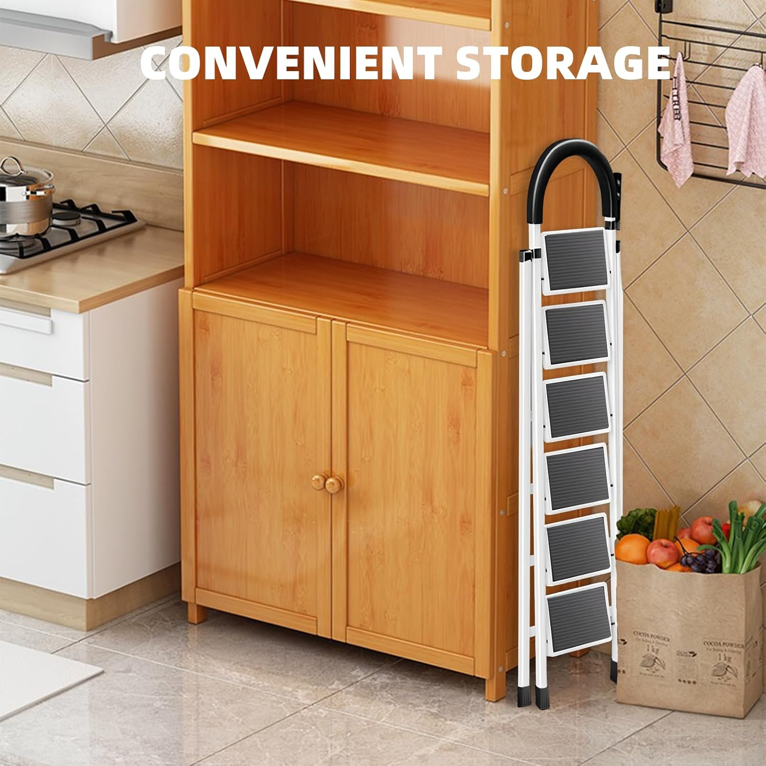 Stusgo 6 Step Ladders, Aluminium Folding Step Ladder,Sepladder Multi Height Platform for Home Office Warehouse, 150Kg Capacity Portable Non-Slip Upgrade the Security Buckle (White and Black) image number 5