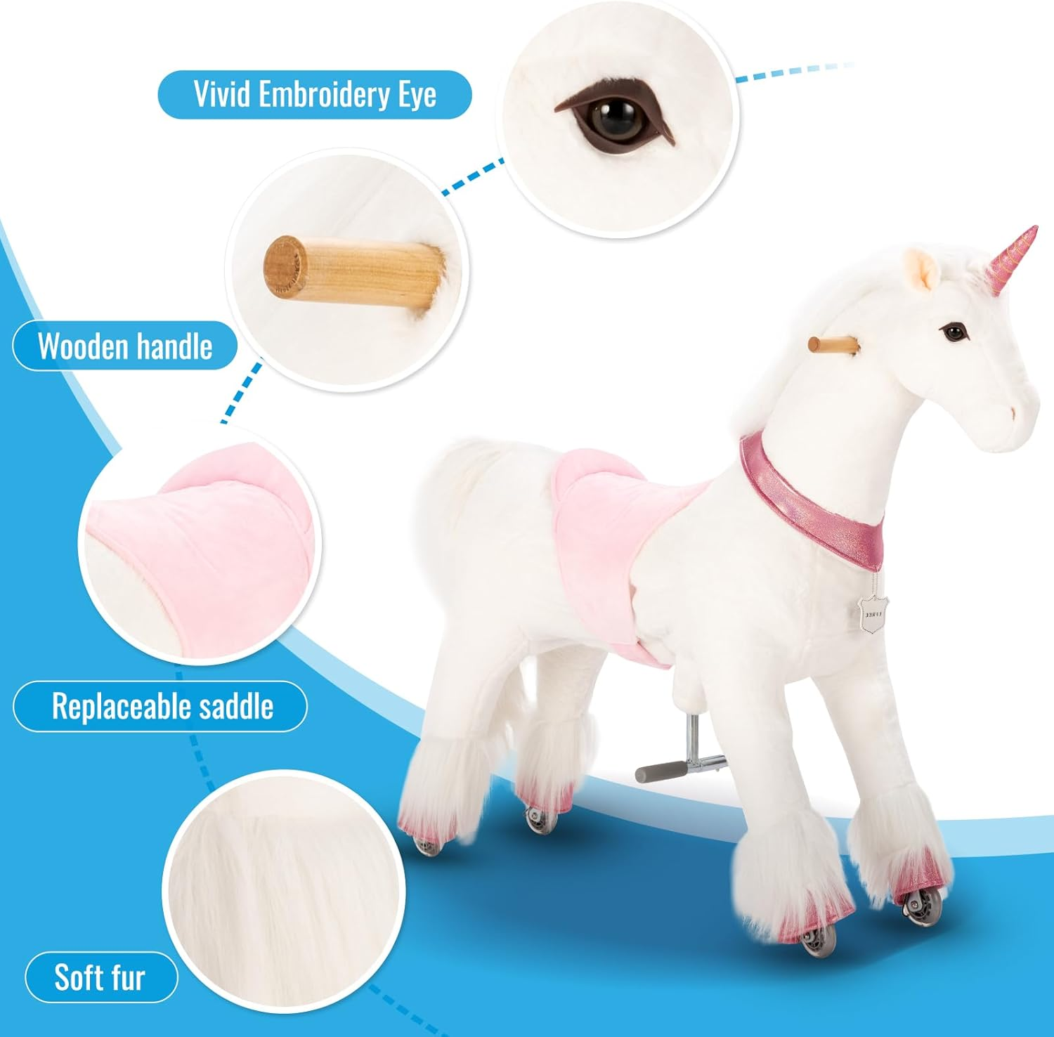UFREE Horse Action Pony, Ride on Toy, Mechanical Moving Horse, Giddyup for Children 4 to 9 Years Old, Height 36 Inch (Unicorn with Pink Horn) image number 3