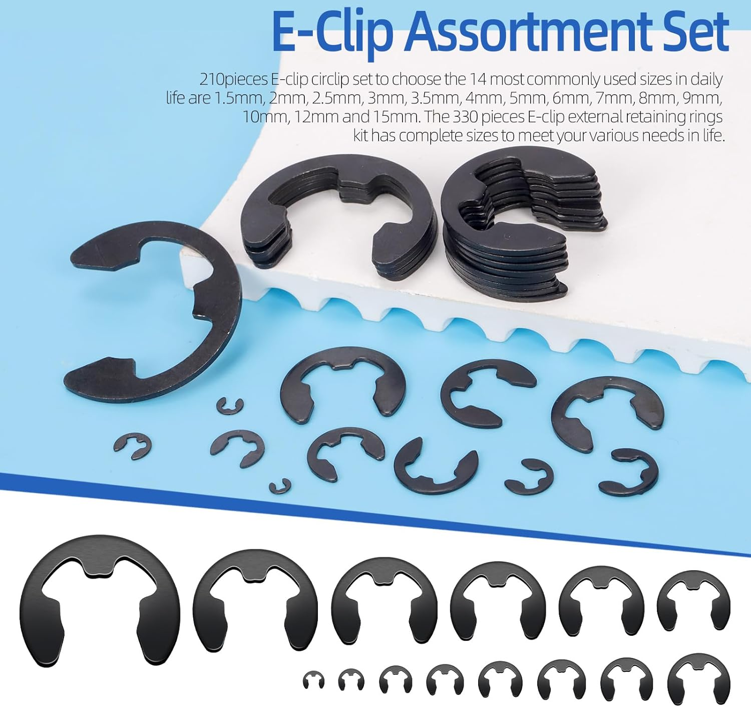 Glarks 211Pcs 65Mn-Steel E-Clips Retaining Rings Assortment Set 14 Sizes E-Ring Circlip Rings Heat Treated External Retaining Clips E-Clips Retainer Circlip Rings with Tweezers for Gears image number 4