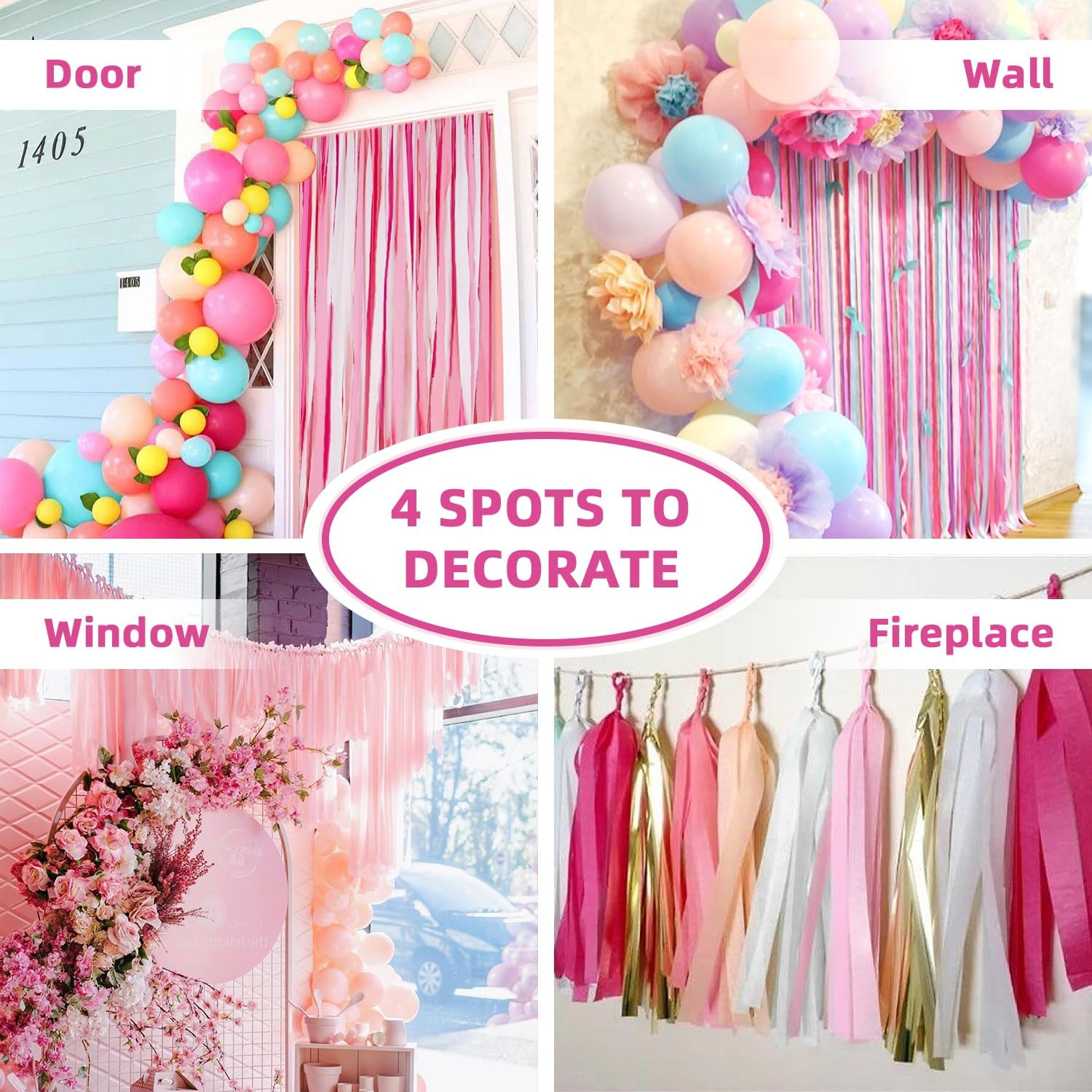 PIGETALE Crepe Paper Streamers 4 Rolls 328Ft, Pack of Pink Peach and White Crepe Paper Party Streamers for Birthday Baby Shower Wedding Graduation Party Decorations (1.8Inch X 82Ft/Roll) - 4Crepepaperstreamers-Greenwhite image number 5