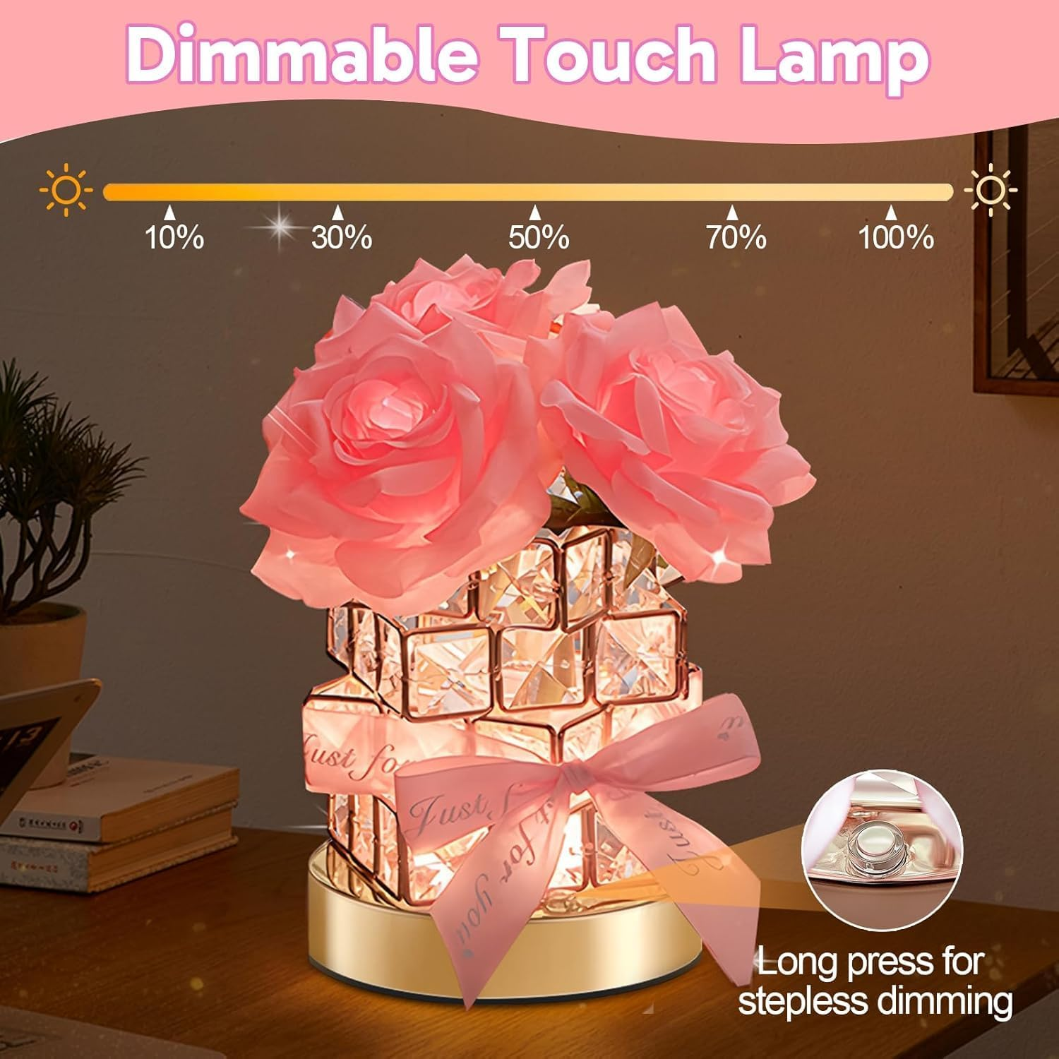 Crystal Table Lamp, Rechargeable Cordless Rose Light 3 Colors Dimmable Flower Lamp, Romantic LED Rose Diamond Lamp for Bedroom Pink Room Decor, for Valentine Birthday Christmas Thanksgiving (Pink) image number 2