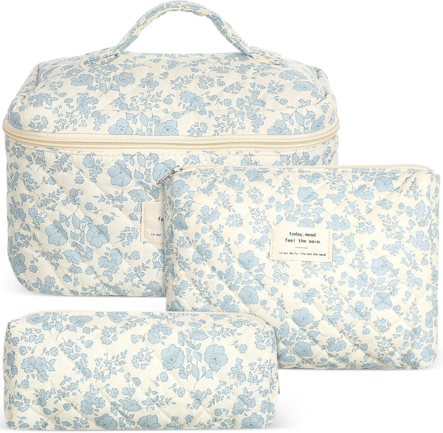 Portable Cotton Quilted Makeup Bag Set for Women, 3Pcs Travel Toiletry Organizer with Zipper, Floral Print Vanity Pouch for Bathroom and Travel Use image number 5