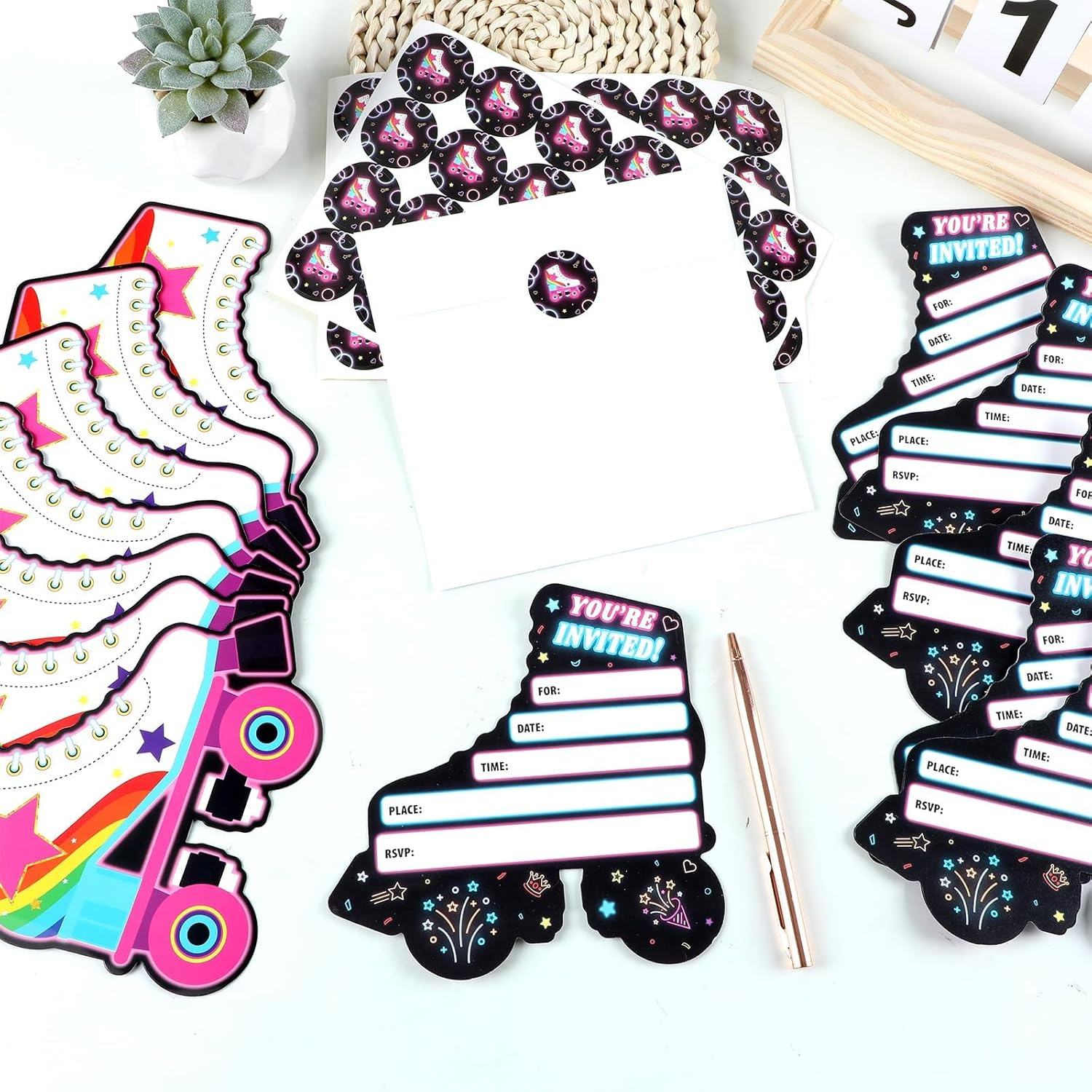 Lonfliness 30Pcs Neon Roller Skating Birthday Party Invitations Skate Invitation for Boys Girls Kids Glow Skating Birthday Party Invite Supplies Skate Party Favors 30 Cards with Envelopes and Stickers image number 2