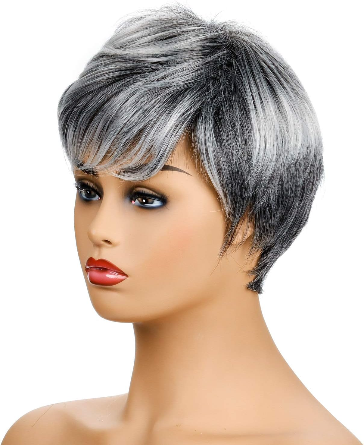 AUBWIG Black Ombre White Short Pixie Cut Wigs Tiered Fluffy with Fringe Natural Straight Heat Resistant Synthetic Short Hair Wigs for Women (Black Ombre White) image number 4