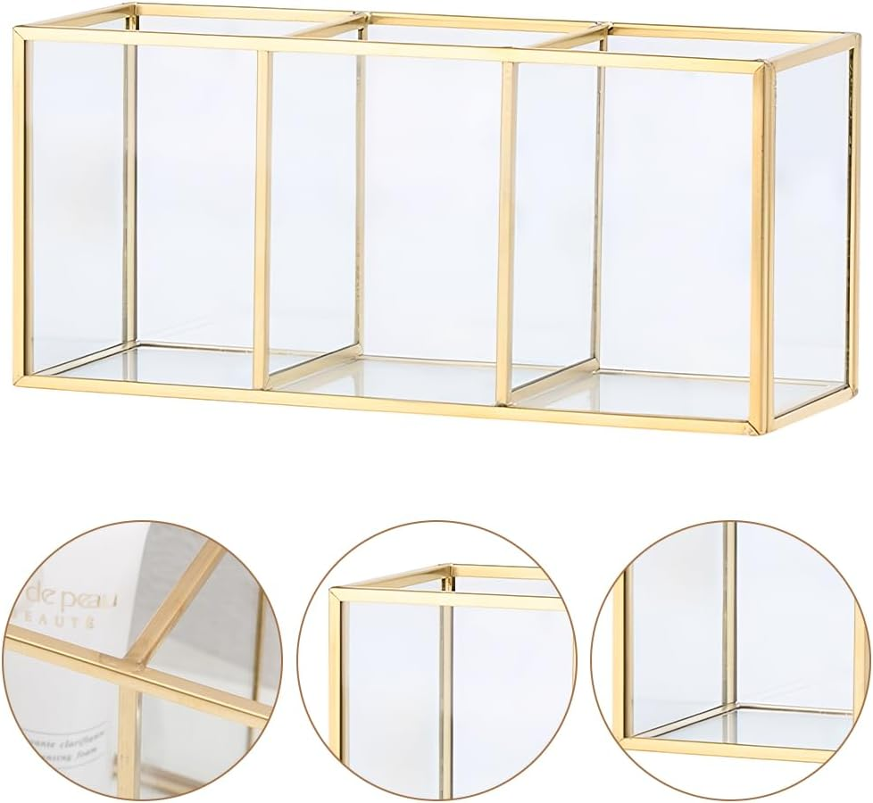 3-Section Glass Makeup Brush Holder, Gold Frame Cosmetic Organizer, Vanity Toiletries Storage Box, for Forbeauty Tool Brushes & Lipsticks image number 1