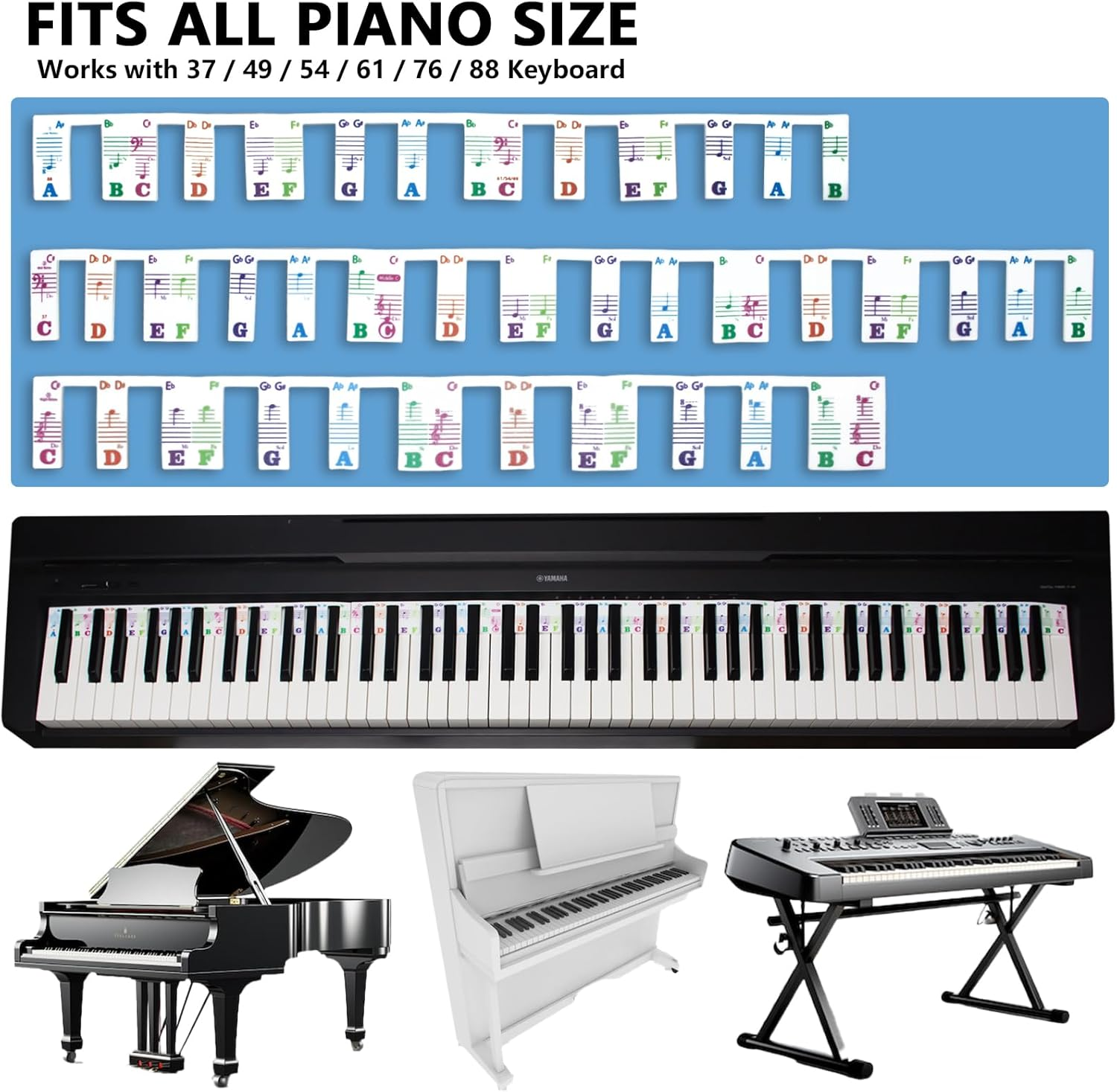 Silicone Piano Key Labels, Azymi Piano Note Guide 88-Key Full Size, Reusable Keyboard Notes Overlay Strips for Beginners with Multi-Color Large Bold Letter image number 2