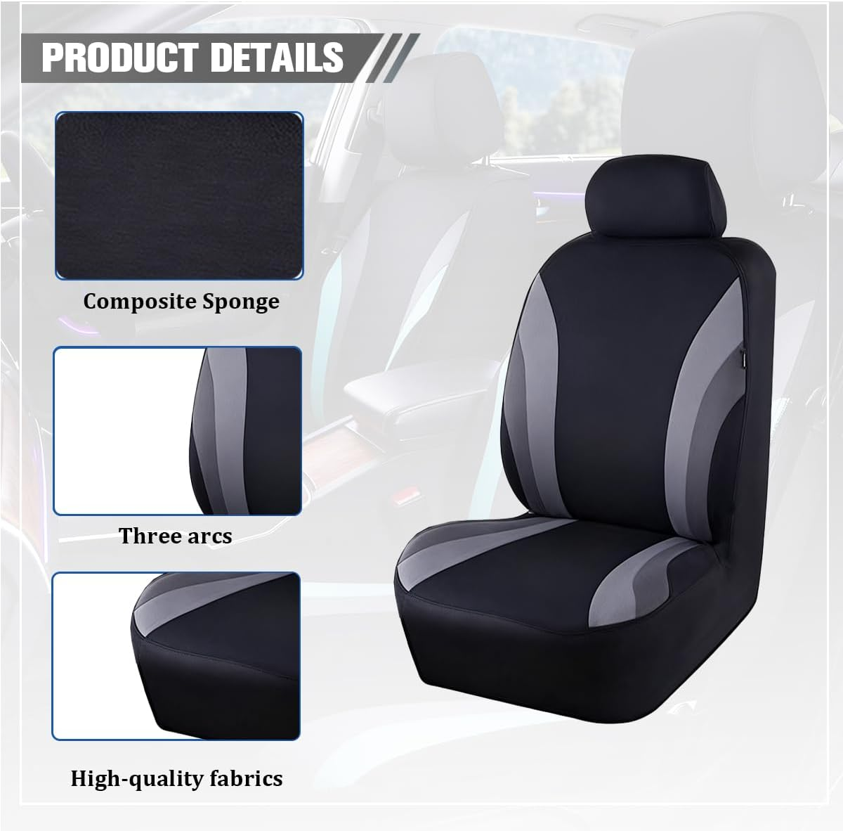 Sandfren Car Front Seat Covers Only, Sports Breathable Mesh Vehicle Front Seat Protectors with Removable Headrest Covers, Auto Interior Protection Accessories, Universal Fit (Gray) image number 4