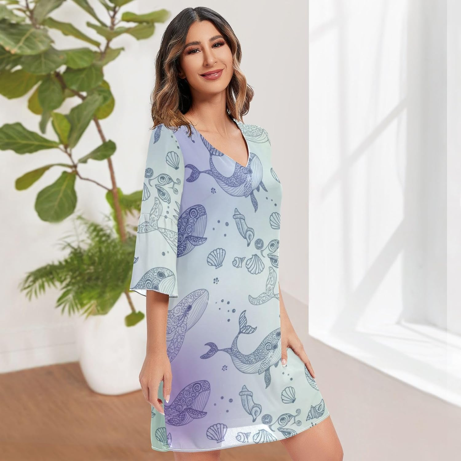 Cute Whales Pastel Casual Dress Printed Line Maternity Dress S-XXL