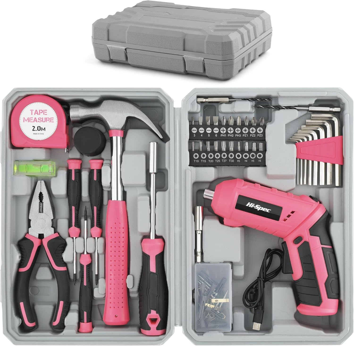 Hi-Spec 42Pc 4V USB Electric Power Driver & Household Tool Kit. Cordless Power Screwdriver and Hand Tools in a Compact Box Case