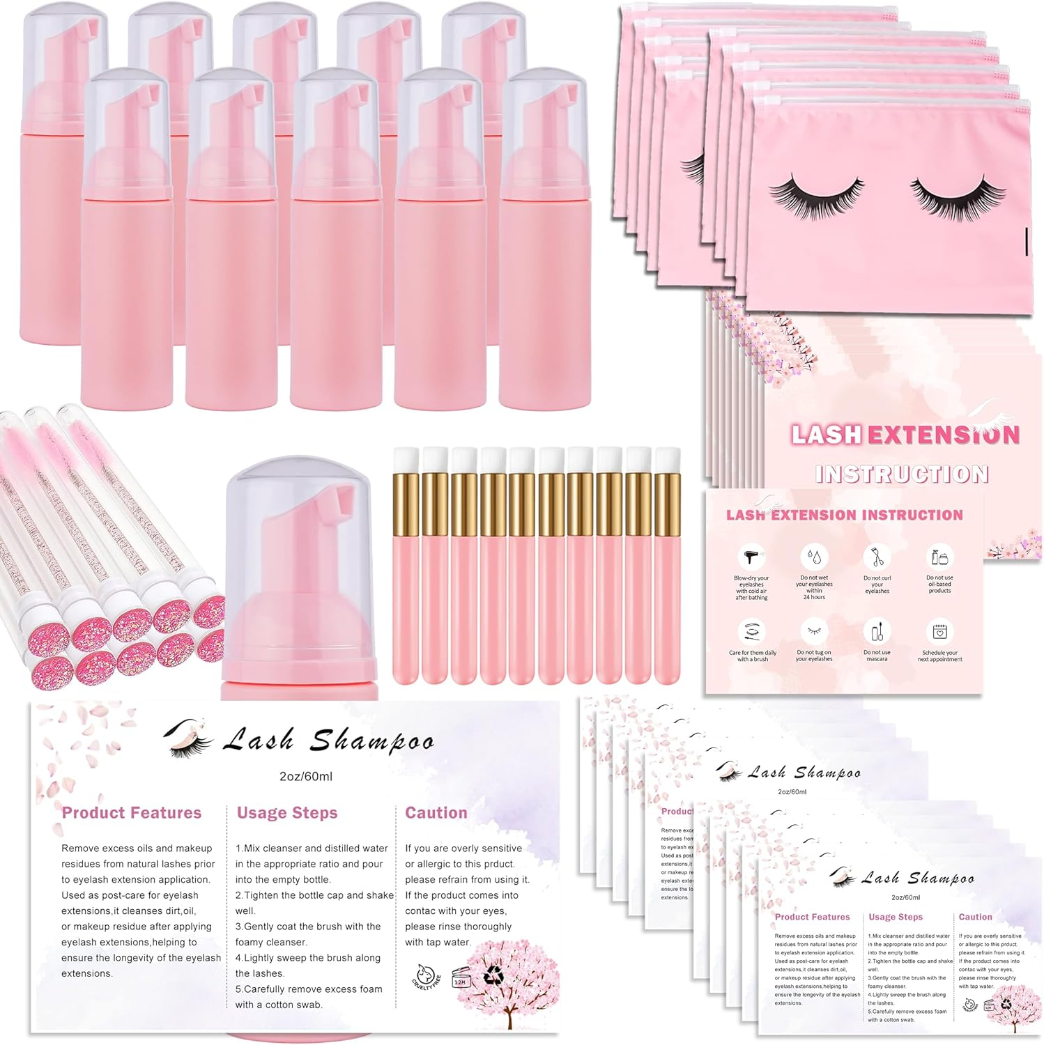 50 Pcs Lash Extension Cleaning Kit for Clients Eyelash Lash Aftercare Kit,10 Pcs Lash Brushes for Cleansing,10 Pcs Eyelash Cleaning Brush with Tubes,10 Pcs Lash Bottles Foam Pump,10 Pcs Eyelash Aftercare Bags,10 Pcs Lash Shampoo Label Stickers for Bottle (Black)