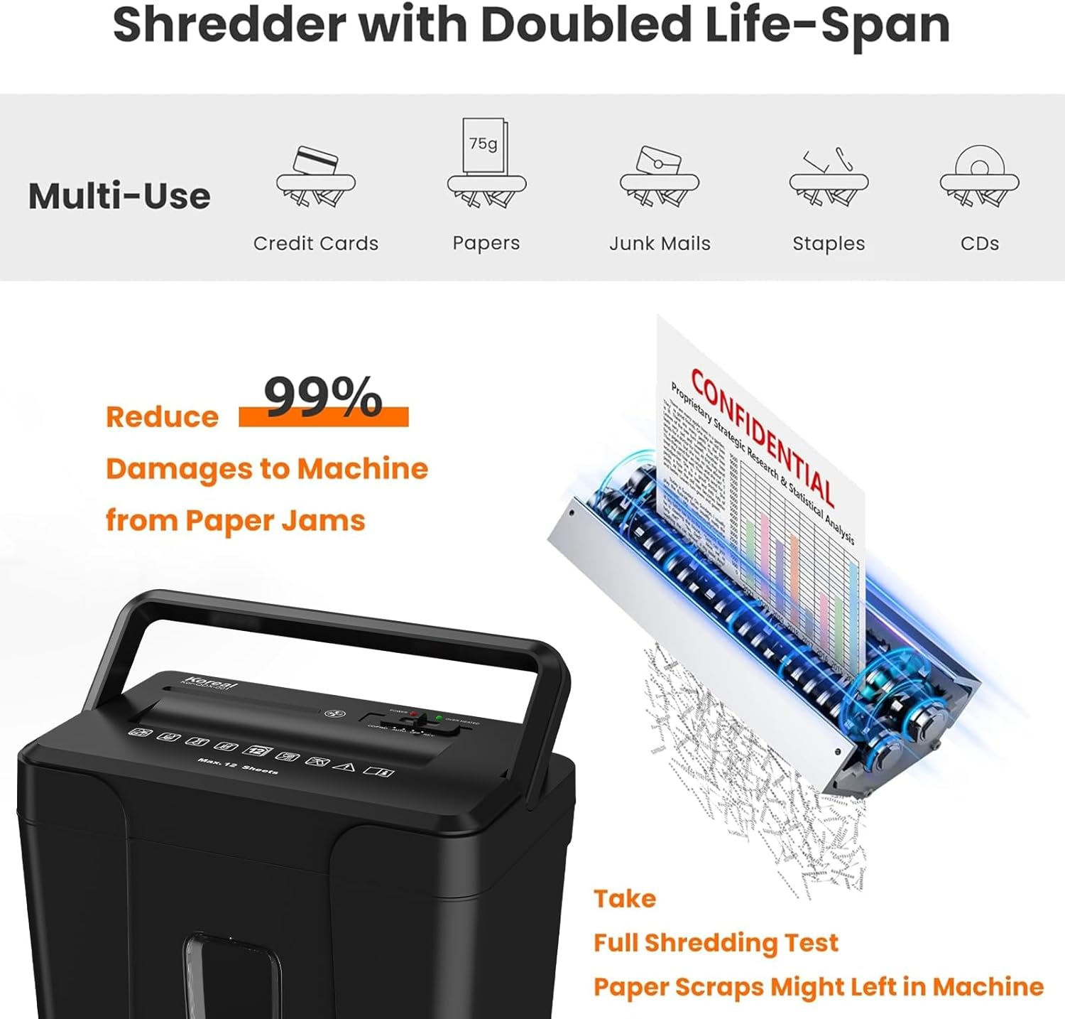 Koreal Paper Shredder, 12-Sheet Cross Cut Paper Shredder for Home Use, Security Level P-4, Cd/Credit Card Shredder Machine with Overheat Protection,5.54 Gallons Wastebasket image number 4