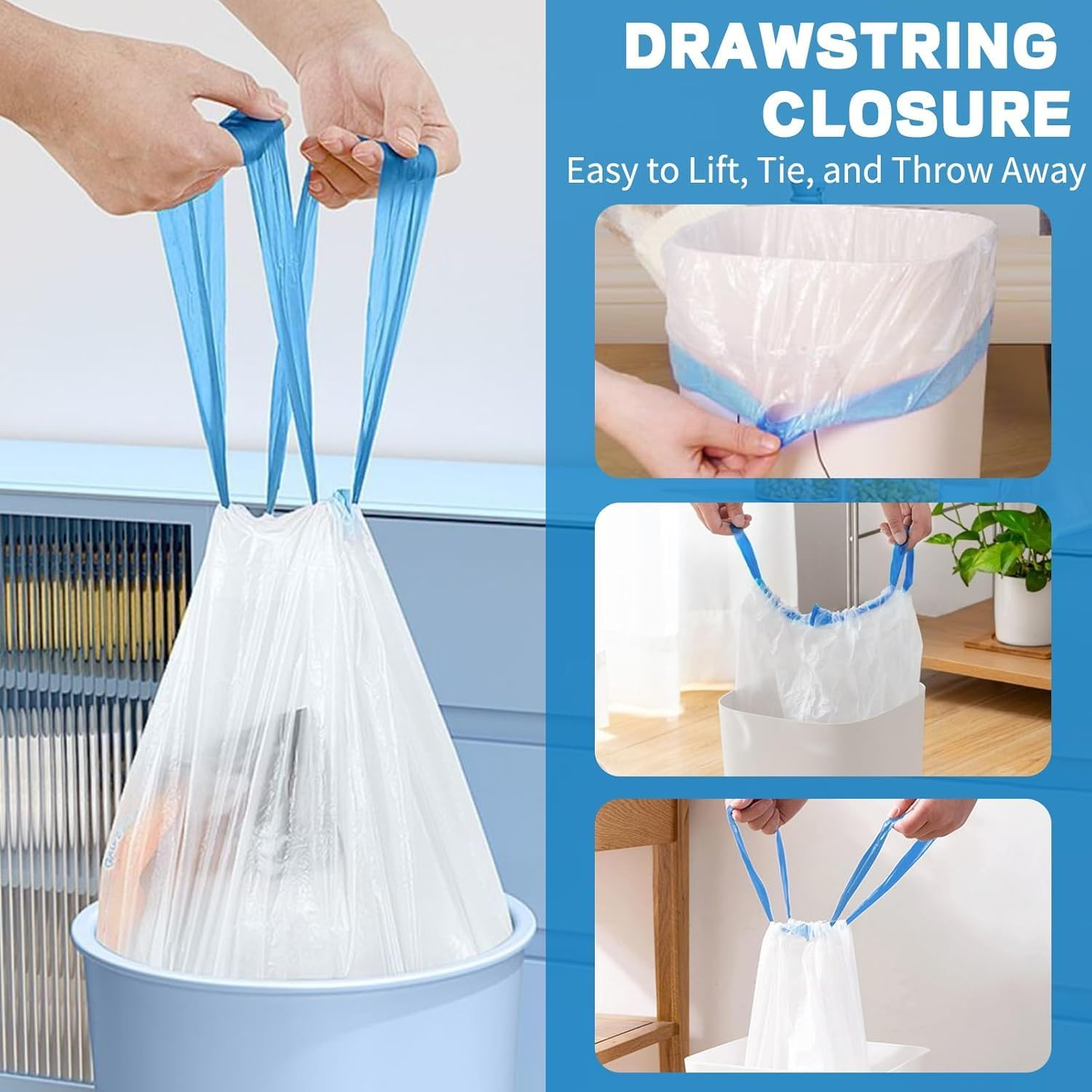 Bin Bags 5-Pack Small Trash Bags (75Count) 4 Gallon Drawstring Garbage Bags - Tear-Free, Unscented & Leak-Proof Waste Bin Liners for Bathroom, Office, Bedroom & Kitchen image number 6