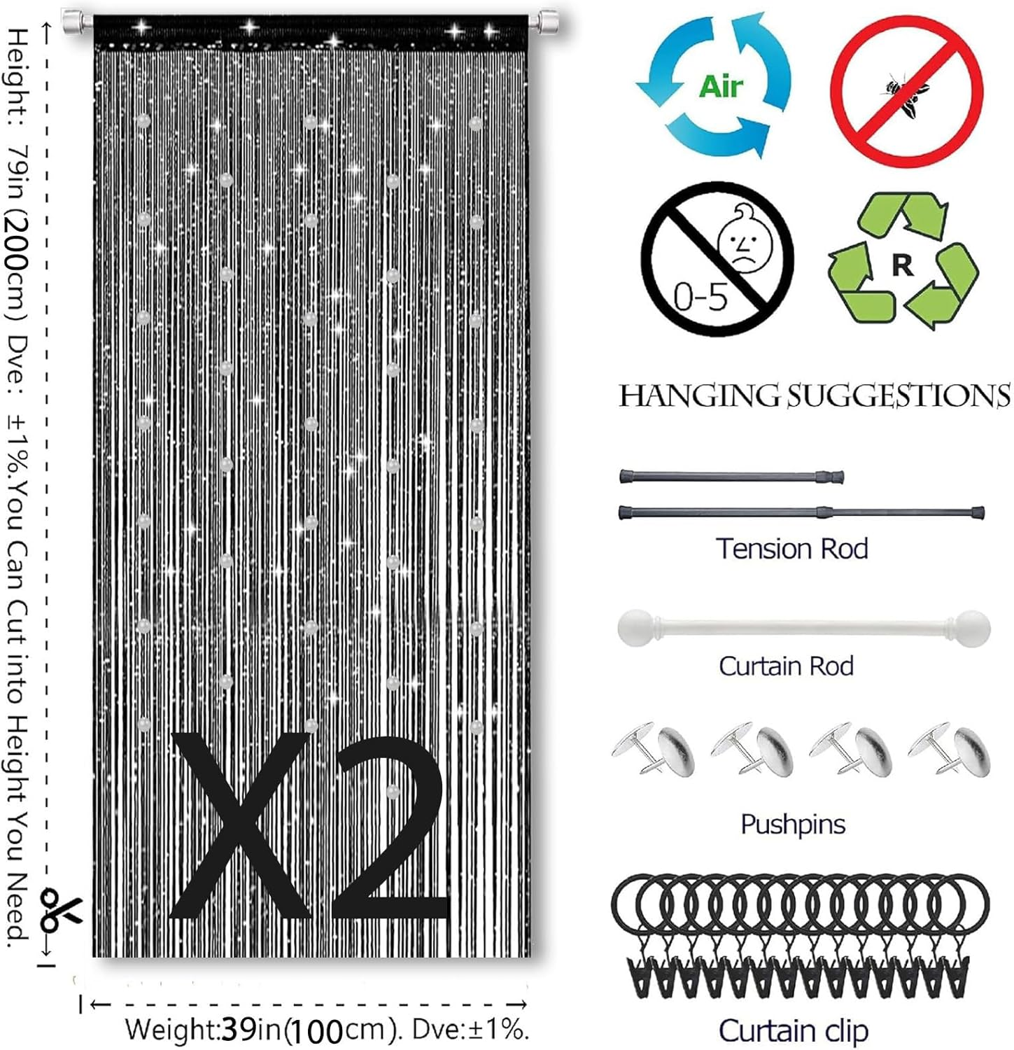 Elevapulse Fly Curtain Patio Door 200 X 100 Cm - Pack of 2 Insect Protection Door Curtain with Beads, Balcony Door, Fly Screen Made of Polyester Glitter, Black image number 6