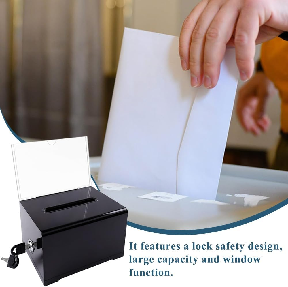 MOTRAIN Clear Acrylic Suggestion Box with Lock and Sign Holder, Donation, Ballot, Voting, and Fundraising Box for Charity, Office, and Events (6.1 X 4.5 X 8 Inches) (Black)