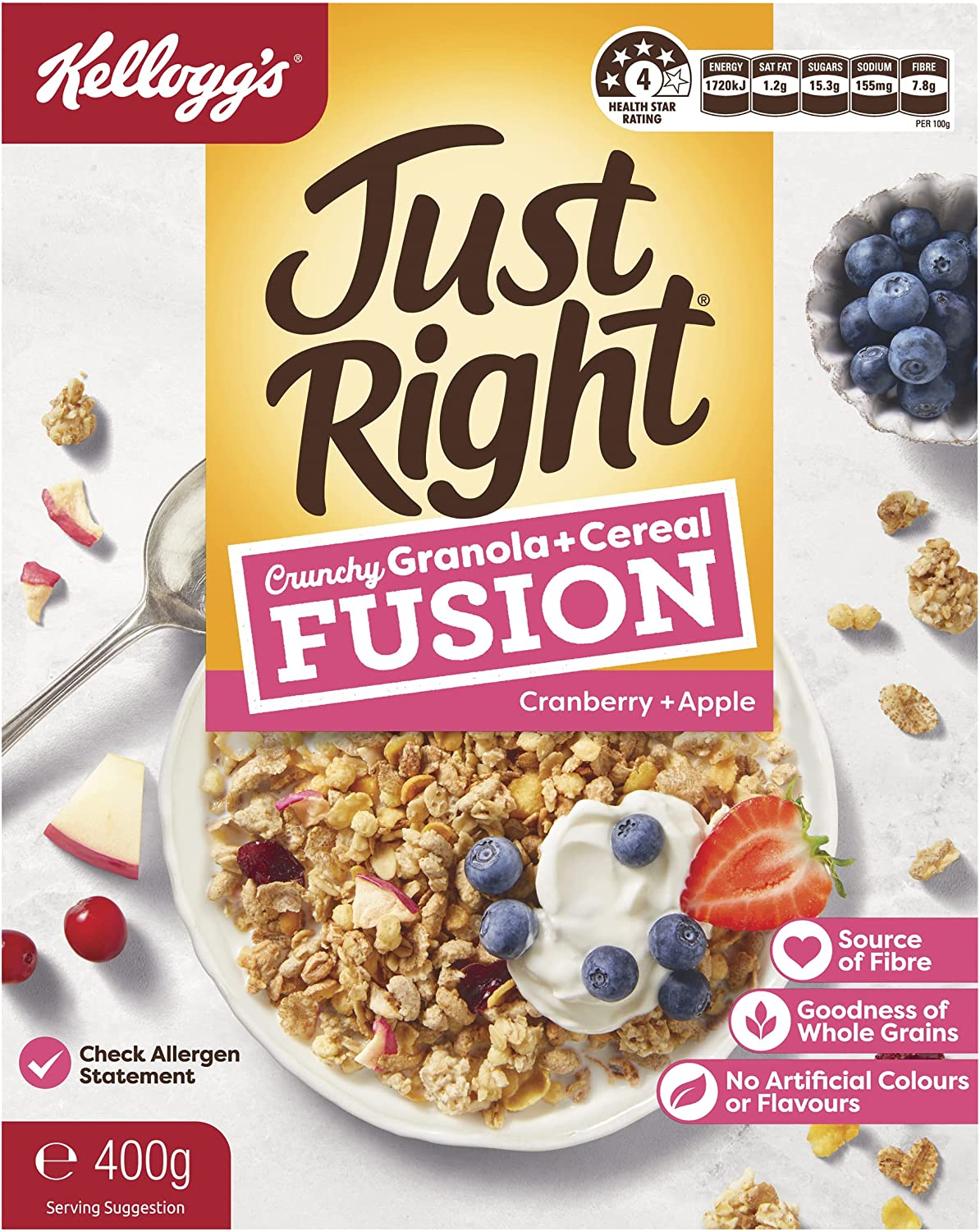 Kellogg'S Just Right Crunchy Granola Cereal Fusion, Cranberry and Apple, 400G