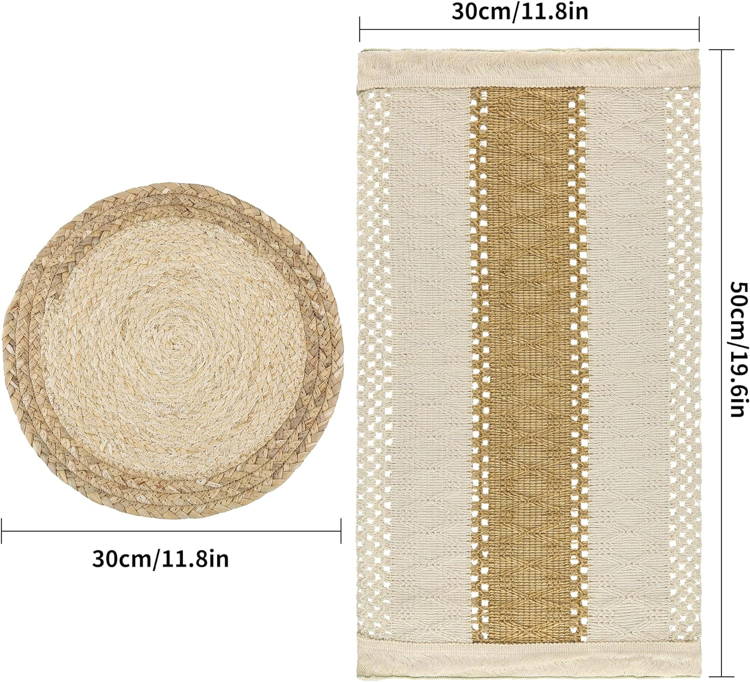Handmade Boho Placemats Set of 6 - Natural Cotton Burlap and Water Straw Woven Combination Table Mats, Macrame D&eacute;cor and Farmhouse Style Placemats, for Dining Table Kitchen