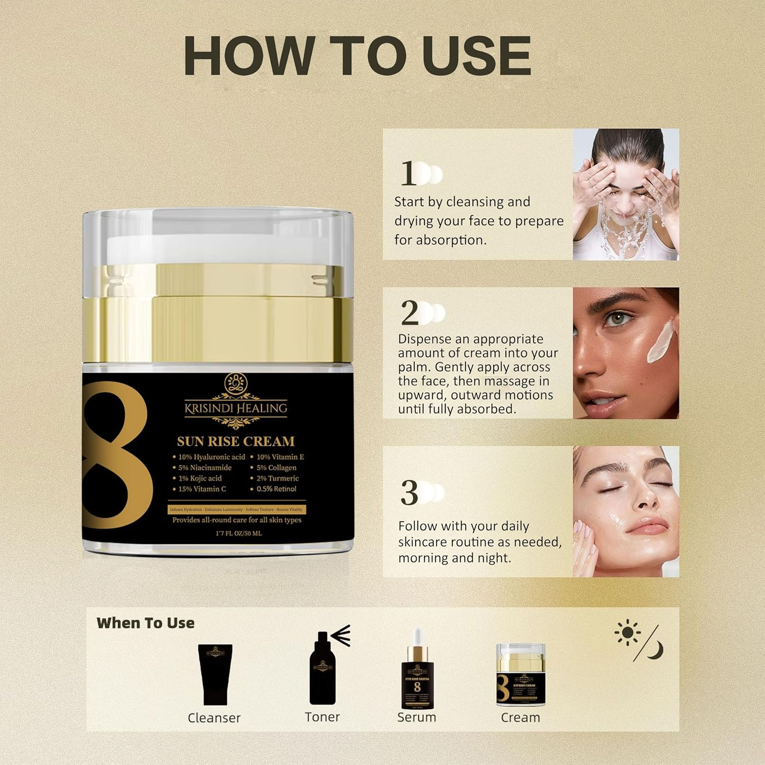 Sunrise 8 Cream by Krisindi Healing &ndash; 50Ml Daily Radiance Complex Moisturiser | Vitamin C &bull; Retinol &bull; Collagen &bull; Hyaluronic Acid &bull; Kojic Acid &bull; Niacinamide &bull; Vitamin E &bull; Turmeric image number 1