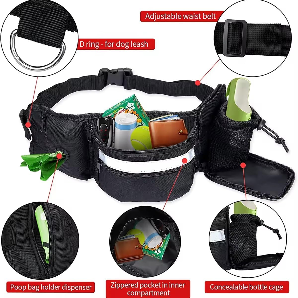 Dog Treat Bag with Hands-Free Waist Belt and Shoulder Strap - Multi-Purpose Portable Pouch for Training, Hiking, Running, Walking - Black (Bottle & Bags Not Included) image number 4