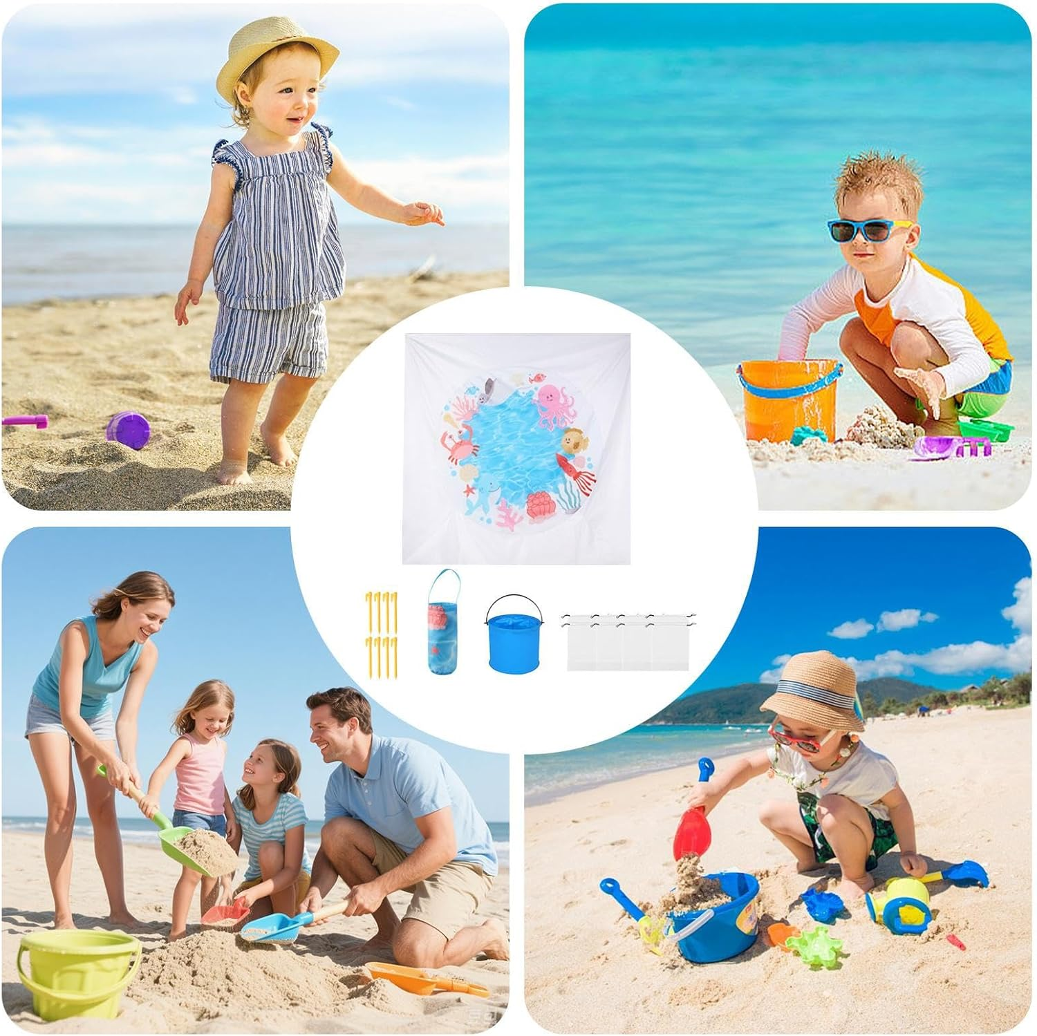 6.5 X 6.5 Ft Paddling Pool,Kiddie Pool and Beach Blanket,Sandproof Waterproof Folding 2 in 1 Beach Blanket,For Outdoor Picnic Vacation image number 4