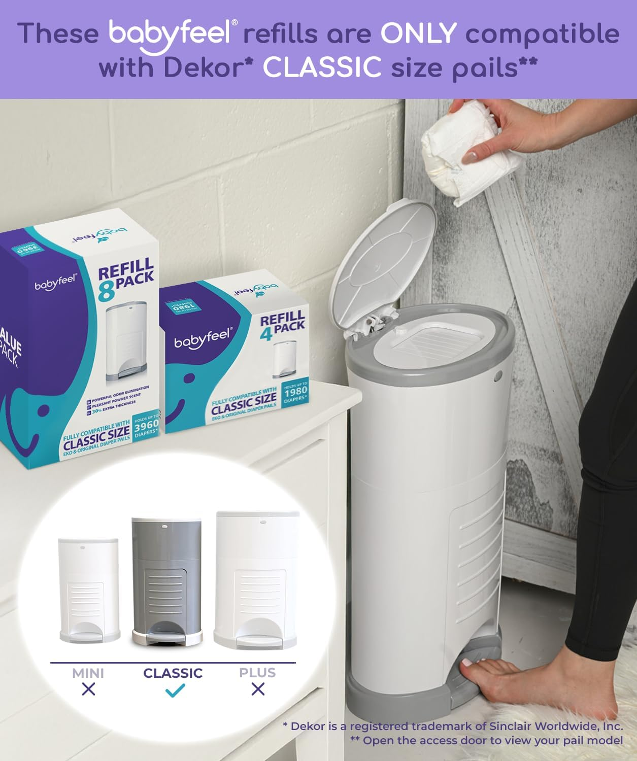 Dekor Classic Refills by Babyfeel 8 Pack Extra Value Exclusive 30% Extra Thickness Powder Scent Fits Dekor Classic Size Nappy Pails Powerful Odour Elimination Holds up to 3960 Nappies image number 2