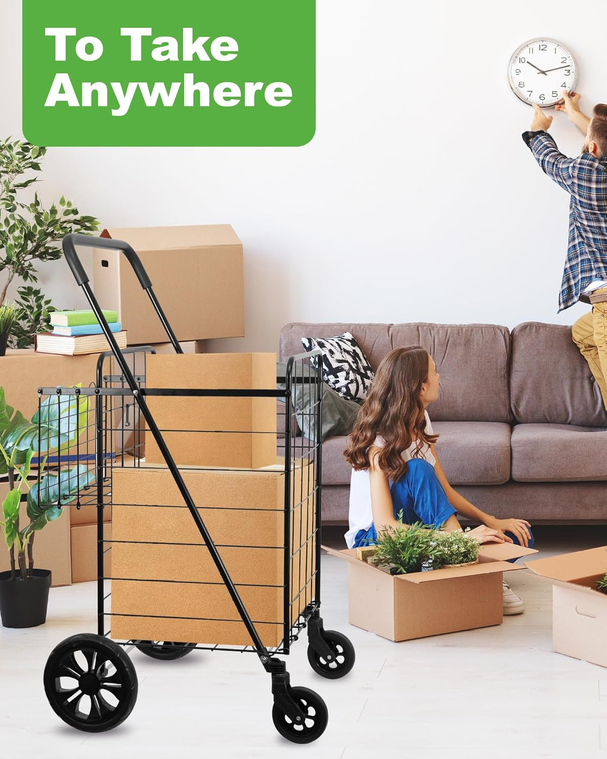 OASISCRAFT Foldable Shopping Cart with Waterproof Liner & 360&deg; Swivel Wheels | Collapsible & Lightweight Utility Cart for Groceries, Laundry, and More - Black