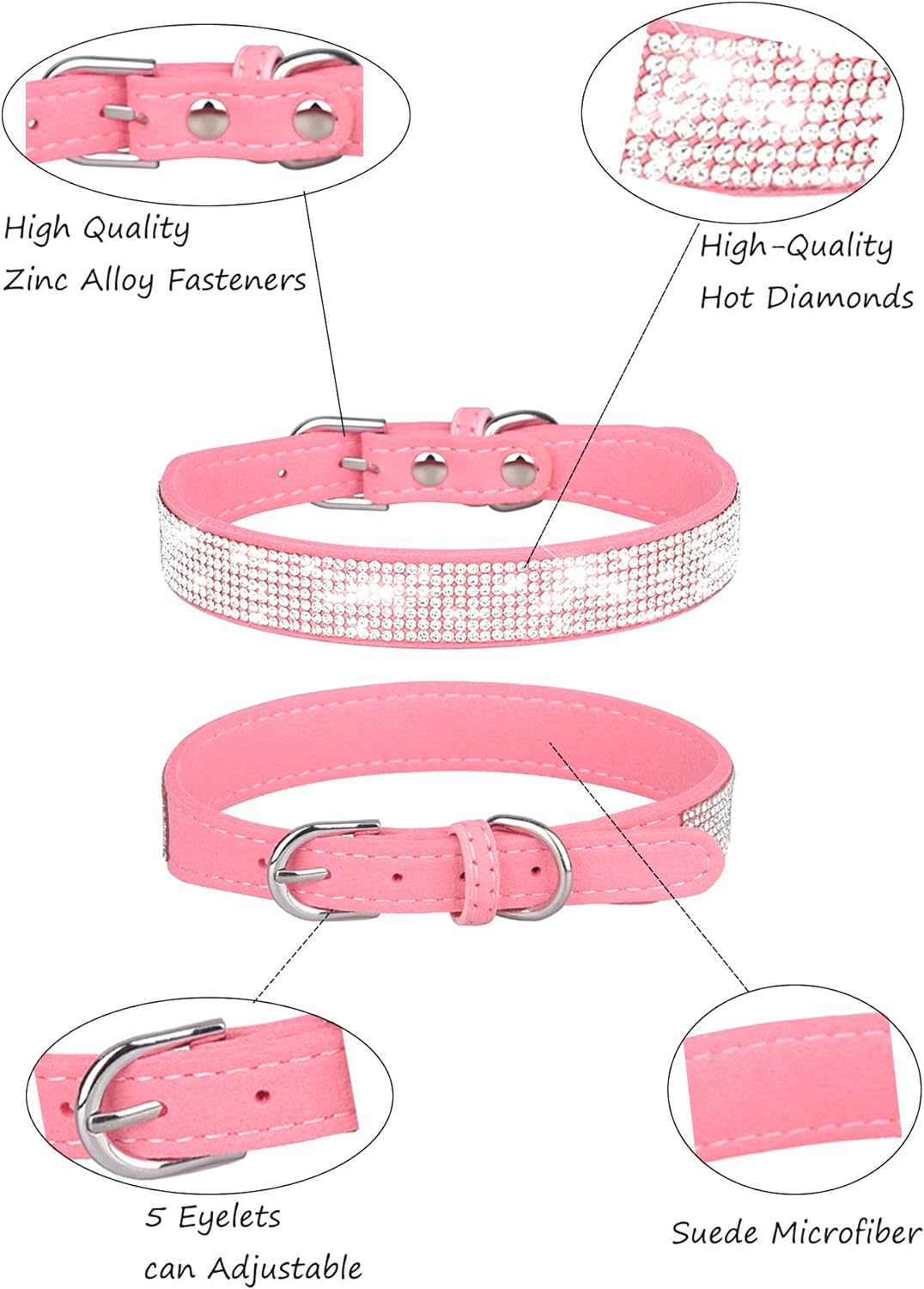 Dog Collar for Small Dogs, Adjustable Leather Suede Bling Dog Collars，Pink Dog Collar Cat Collar, Rhinestone Dog Collar(S, Pink) image number 2