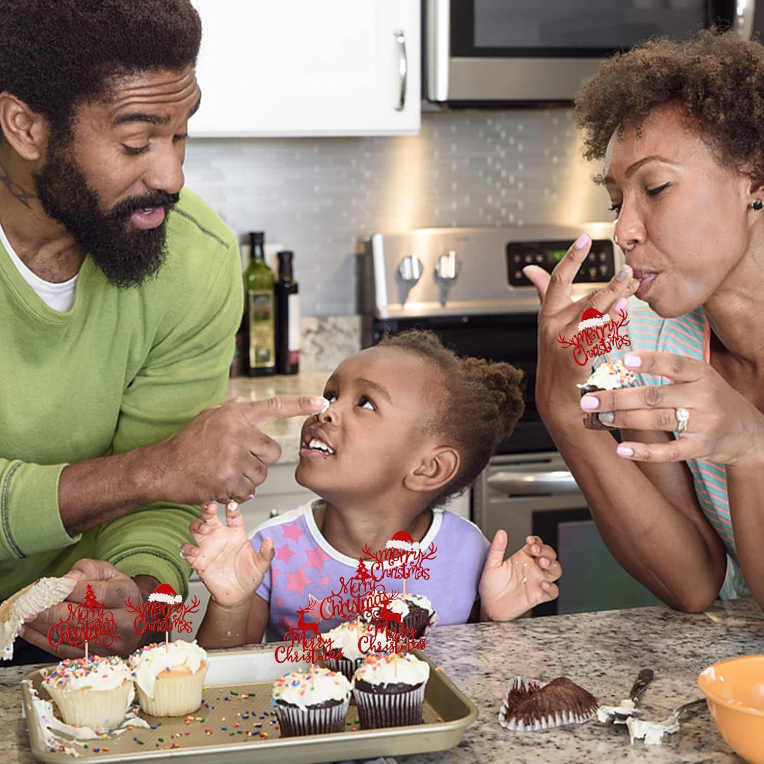 24 Pack Merry Christmas Cupcake Toppers Glitter Xmas Tree Santa Hat Deer Christmas Cupcake Picks Decoration for Winter Christmas Theme Xmas Holiday Birthday Party Supplies Red image number 3